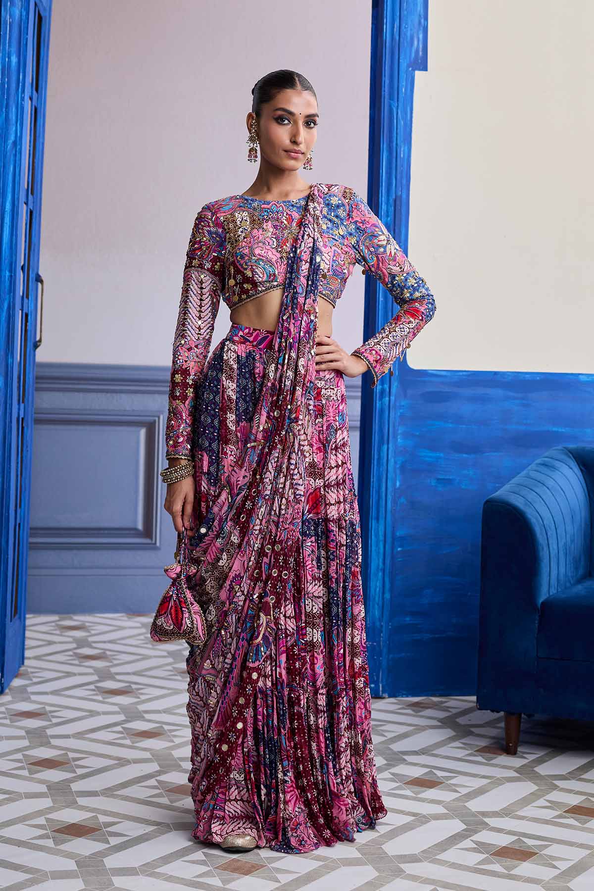 FUCHSIA FLORAL BLOUSE WITH DRAPE TIERED SAREE SKIRT SET