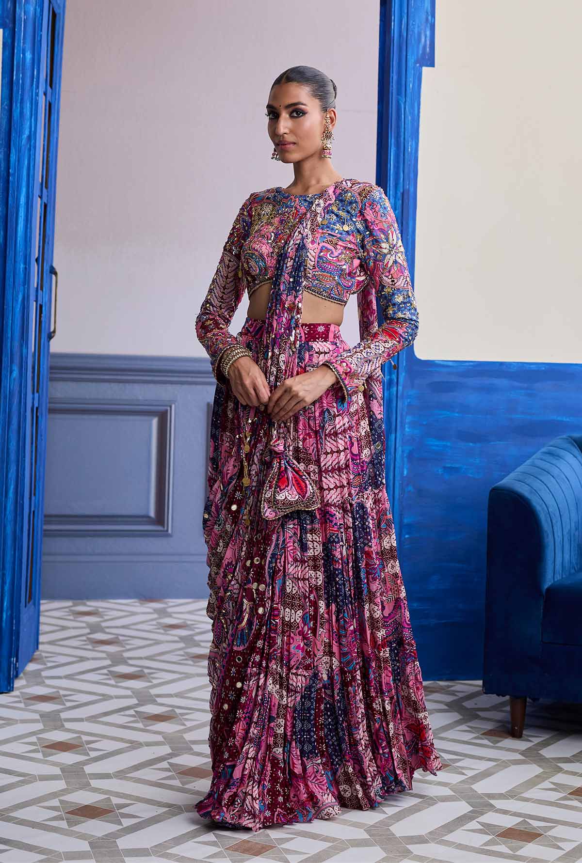 FUCHSIA FLORAL BLOUSE WITH DRAPE TIERED SAREE SKIRT SET
