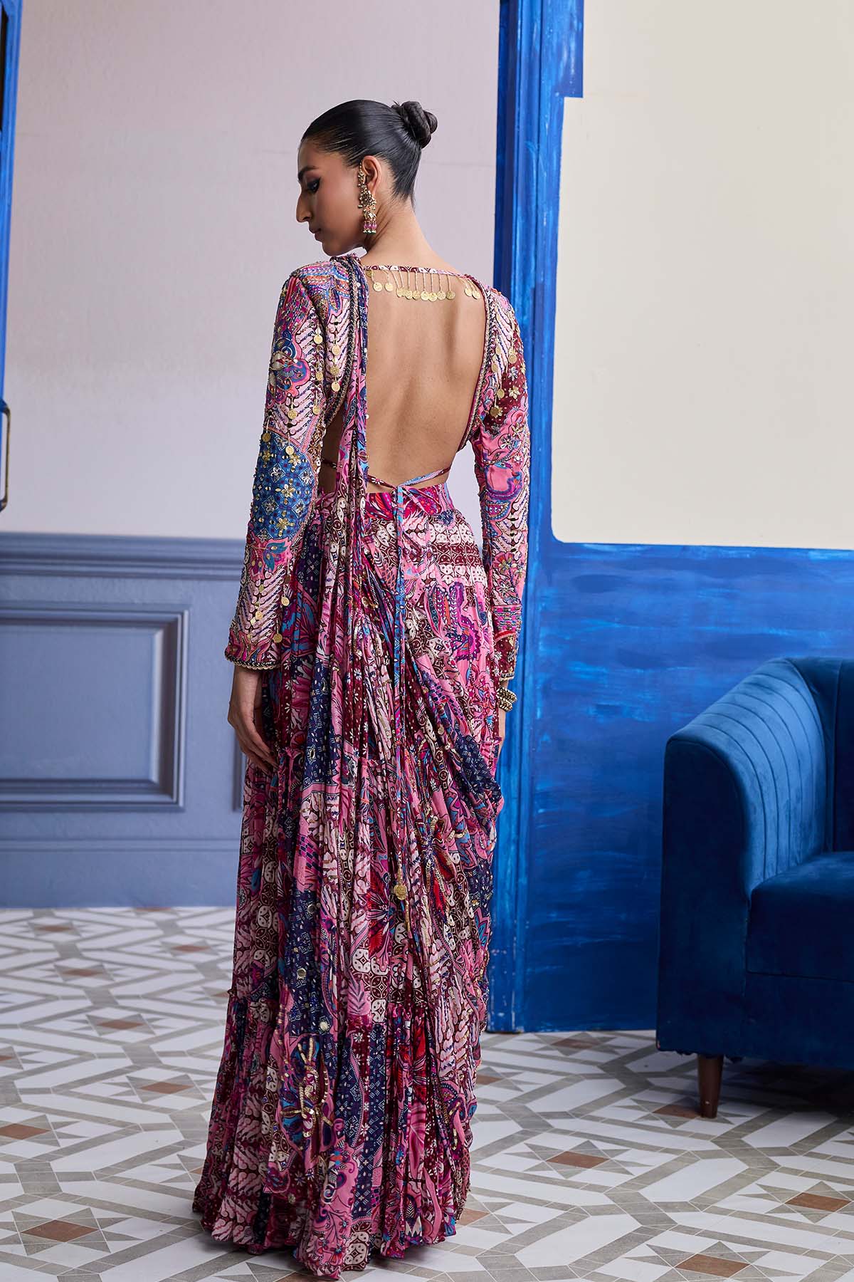 FUCHSIA FLORAL BLOUSE WITH DRAPE TIERED SAREE SKIRT SET