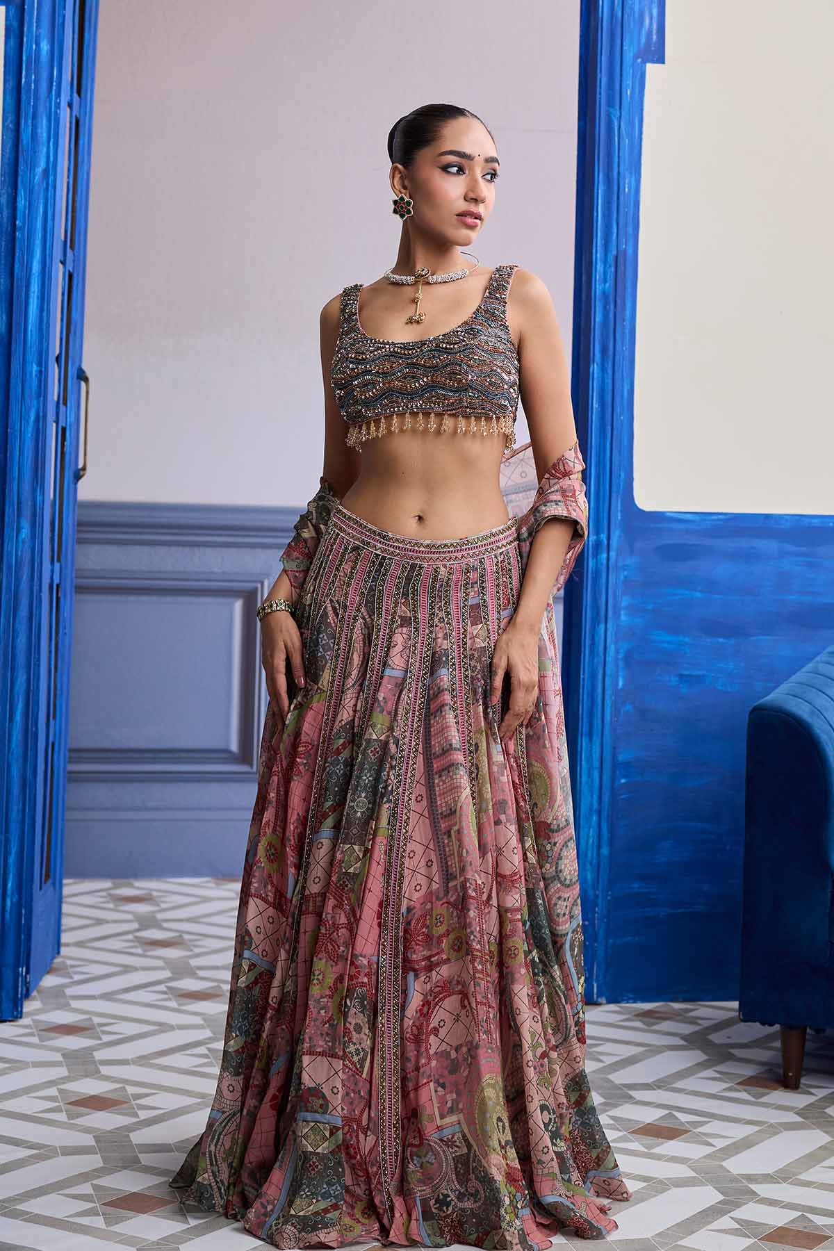 DUSK PINK EMBROIDERED BLOUSE WITH LACE LEHENGA & TASSEL DUPATTA SET