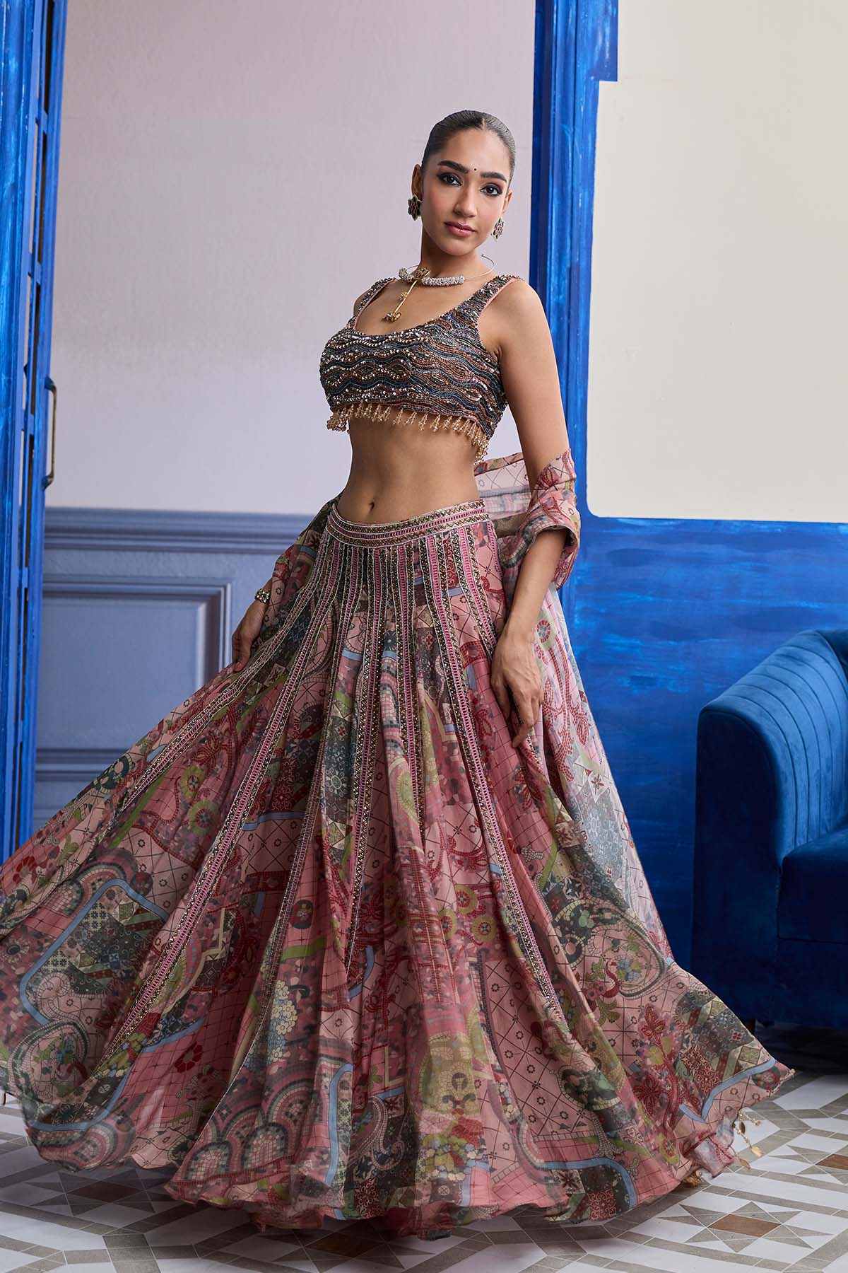 DUSK PINK EMBROIDERED BLOUSE WITH LACE LEHENGA & TASSEL DUPATTA SET