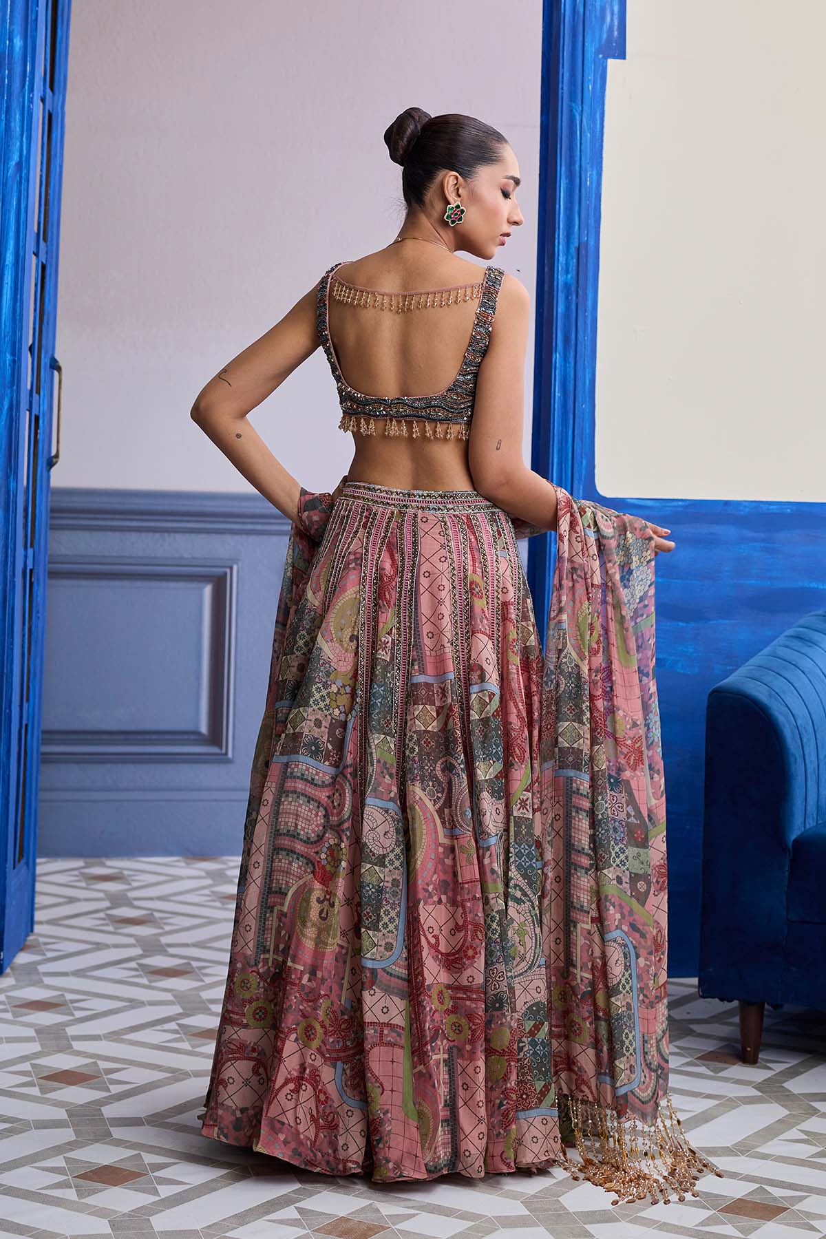 DUSK PINK EMBROIDERED BLOUSE WITH LACE LEHENGA & TASSEL DUPATTA SET