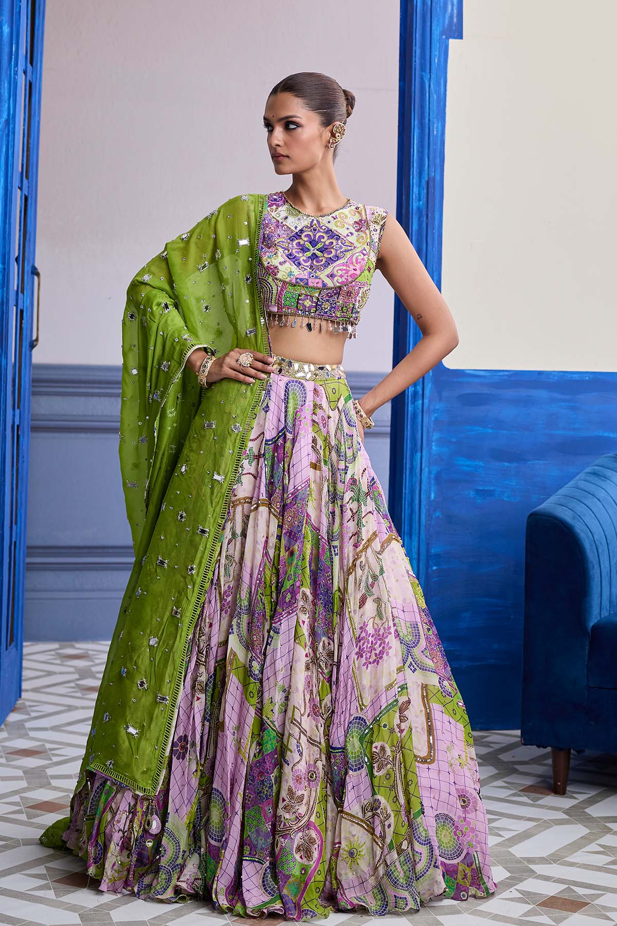 BUBBLEGUM MOSAIC YOKE BLOUSE WITH LEHENGA & EMBROIDERED DUPATTA SET