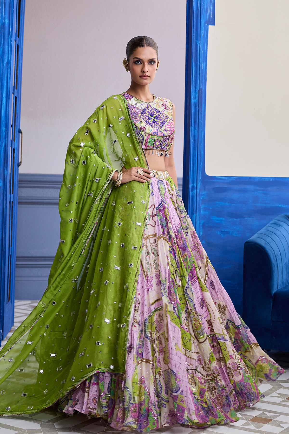 BUBBLEGUM MOSAIC YOKE BLOUSE WITH LEHENGA & EMBROIDERED DUPATTA SET
