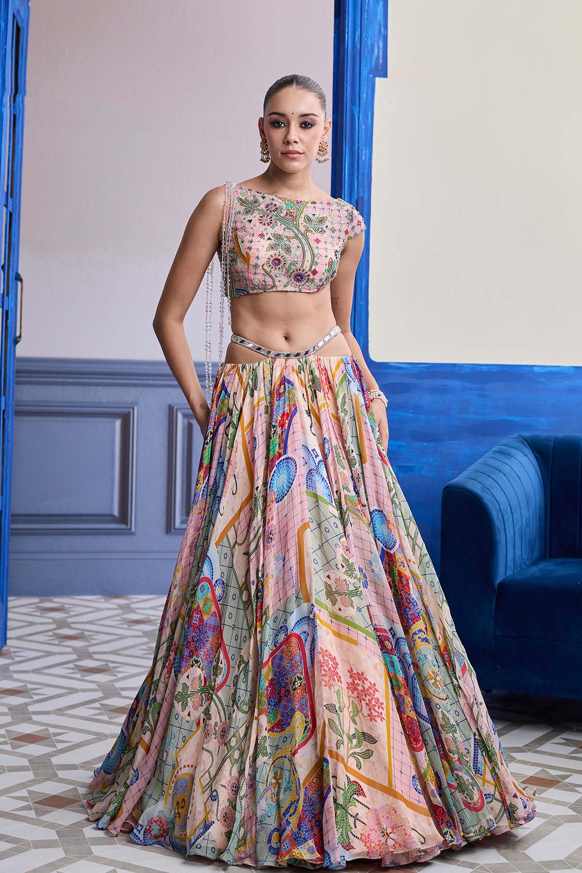 BLUSH PINK MOSAIC ASYMMETRIC BLOUSE WITH TASSELS & PRINTED SKIRT SET