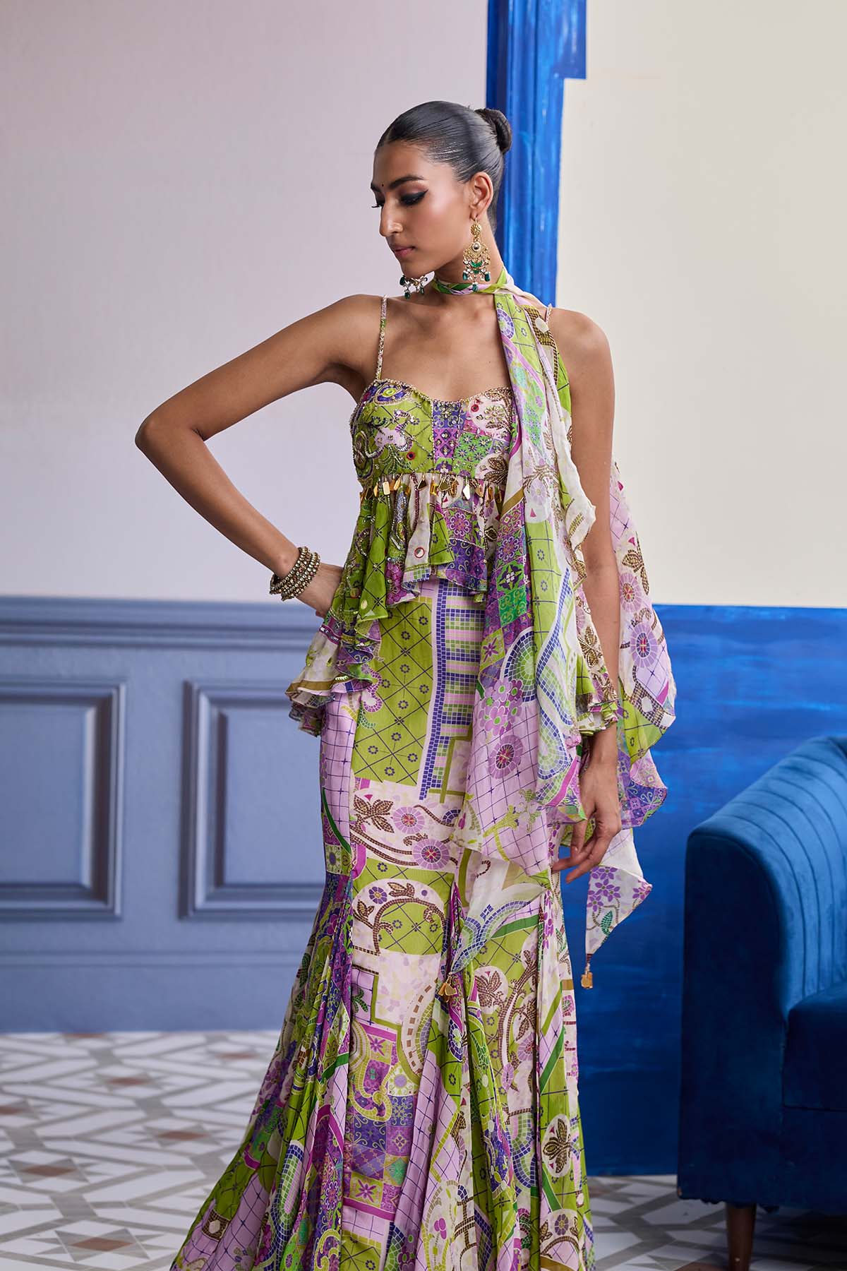 BUBBLEGUM MOSAIC PEPLUM WITH GODET MERMAID SKIRT & RUFFLE SCARF SET