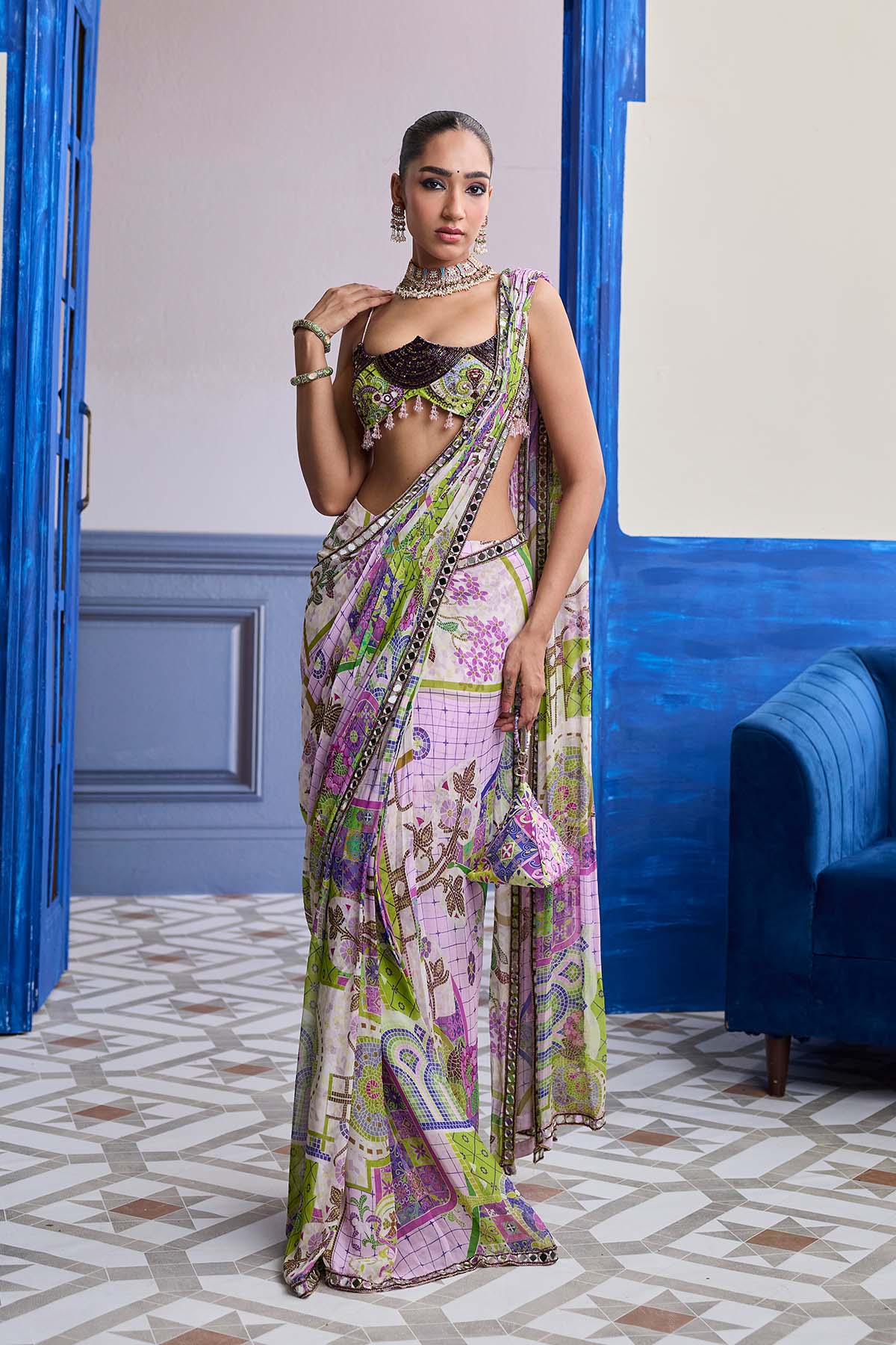 BUBBLEGUM MOSAIC SCALLOP BLOUSE WITH EMBROIDERY & DRAPED SAREE SKIRT SET