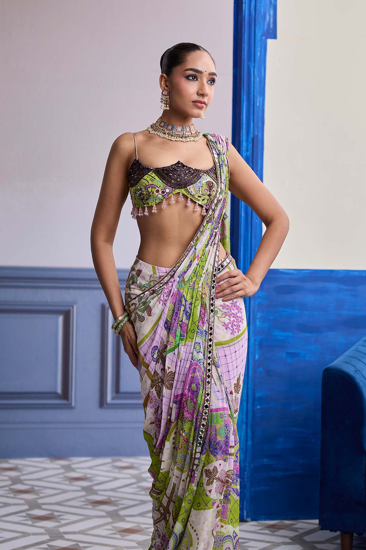 BUBBLEGUM MOSAIC SCALLOP BLOUSE WITH EMBROIDERY & DRAPED SAREE SKIRT SET
