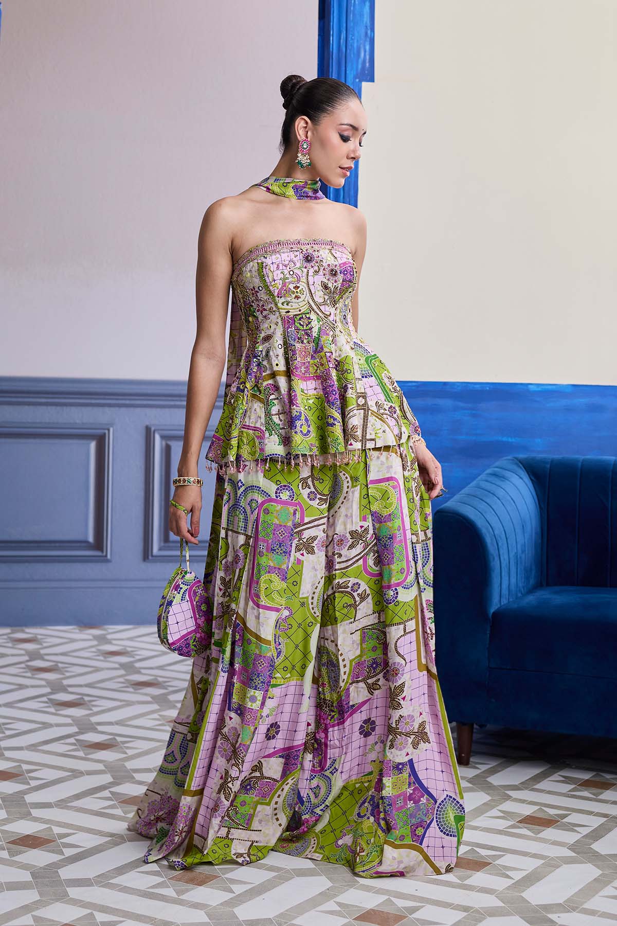 BUBBLEGUM MOSAIC PEPLUM KURTI WITH BOX-PLEAT PANTS & DRAPED DUPATTA SET