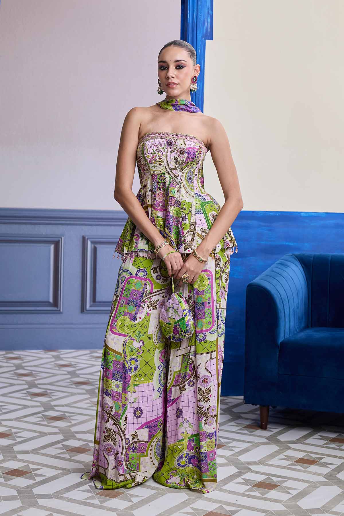 BUBBLEGUM MOSAIC PEPLUM KURTI WITH BOX-PLEAT PANTS & DRAPED DUPATTA SET