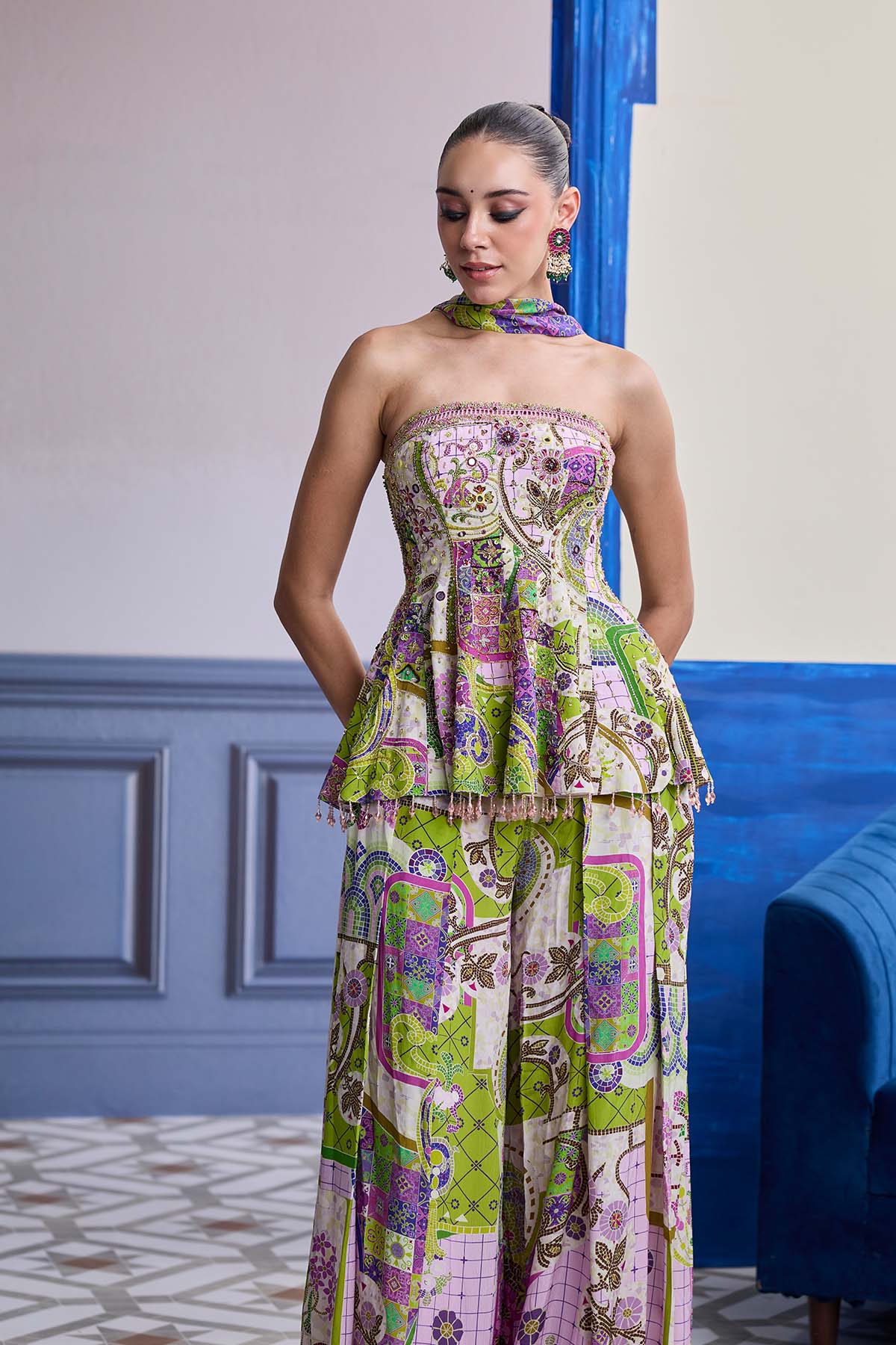 BUBBLEGUM MOSAIC PEPLUM KURTI WITH BOX-PLEAT PANTS & DRAPED DUPATTA SET