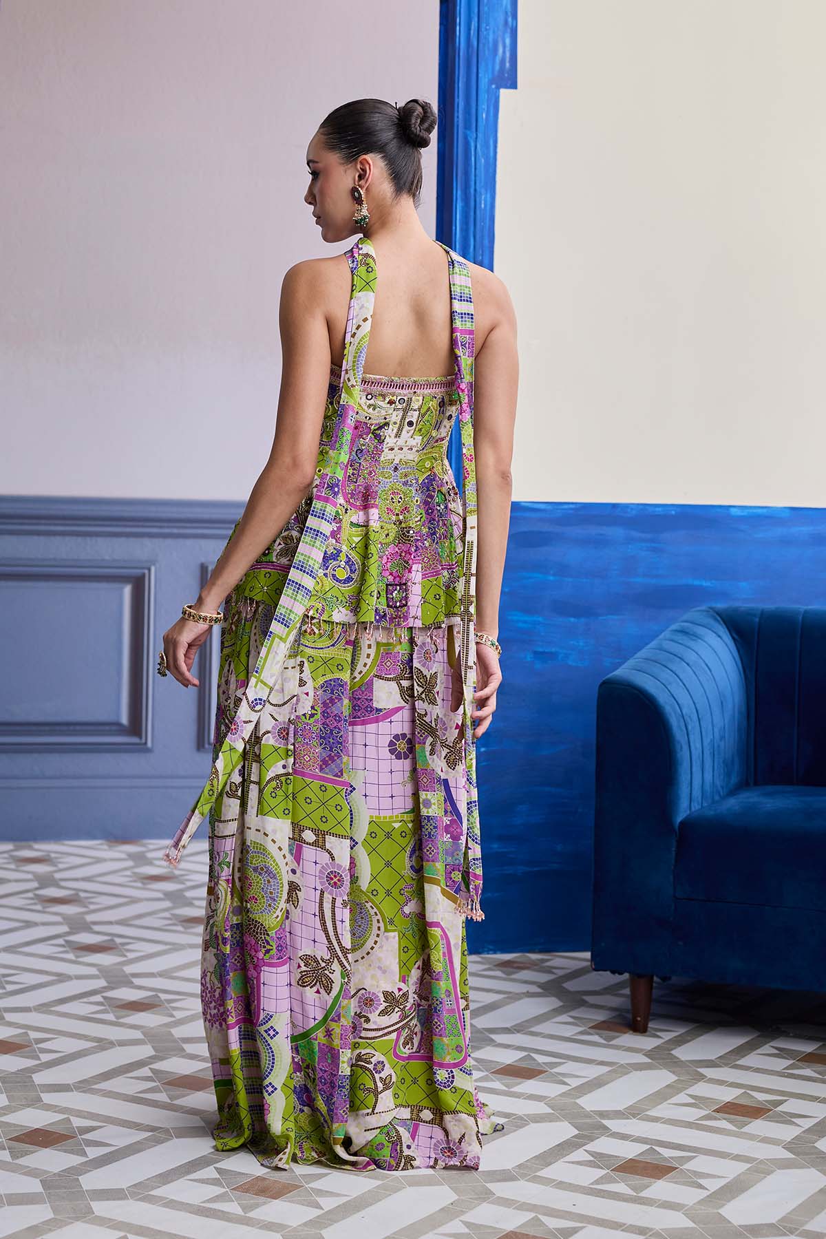 BUBBLEGUM MOSAIC PEPLUM KURTI WITH BOX-PLEAT PANTS & DRAPED DUPATTA SET