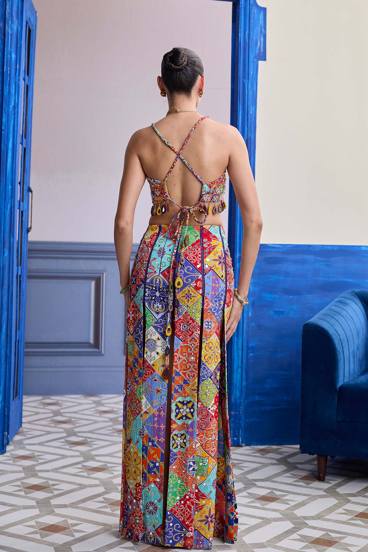 MULTICOLOUR MOSAIC CROP BLOUSE WITH MIRROR TASSELS & PANELLED SKIRT SET