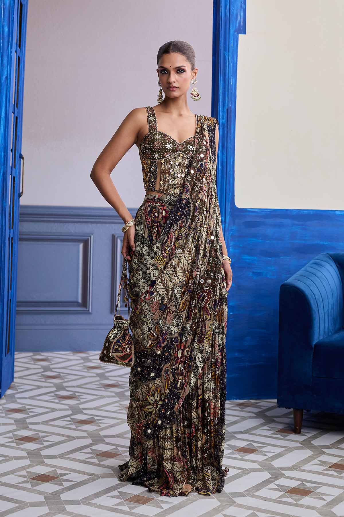 OLIVE PRINT CORSET WITH DRAPE TIERED SKIRT SAREE SET