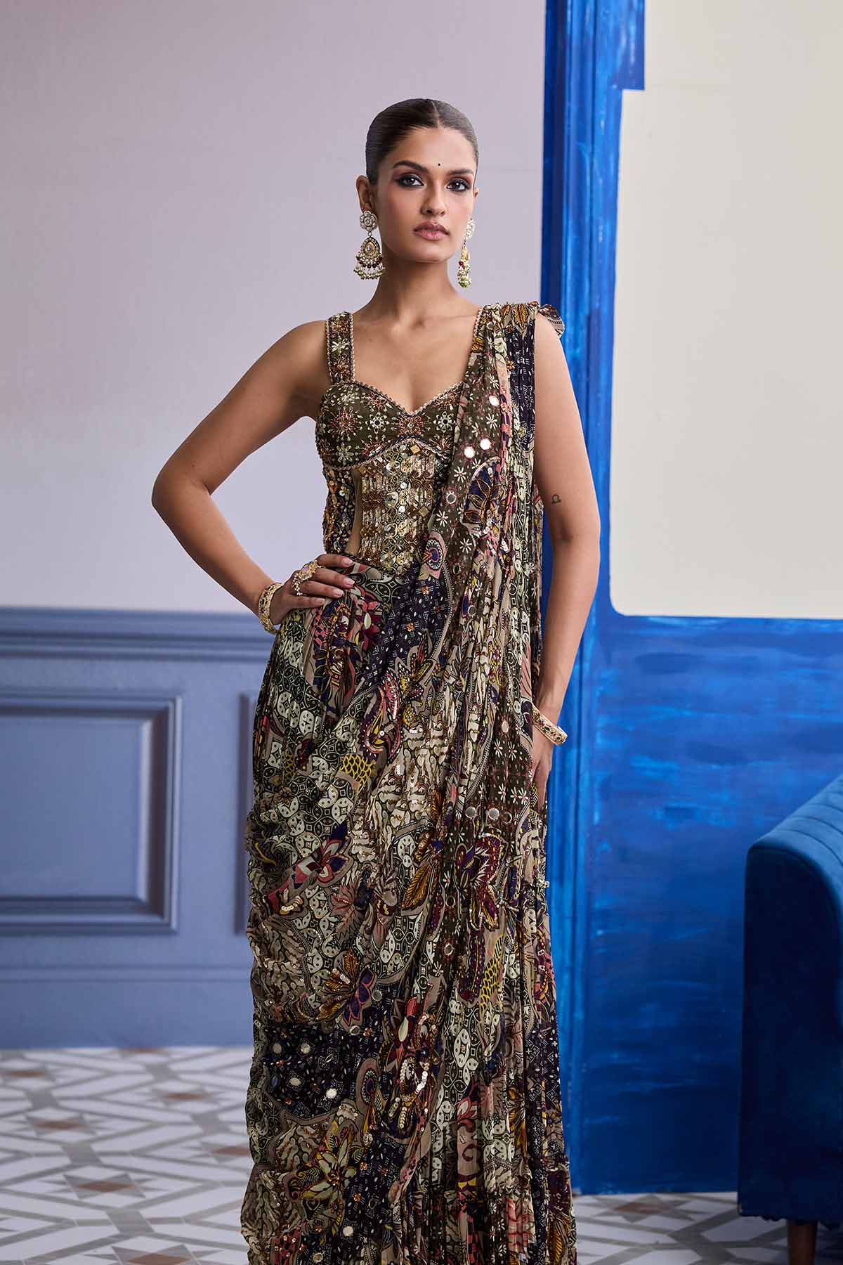 OLIVE PRINT CORSET WITH DRAPE TIERED SKIRT SAREE SET