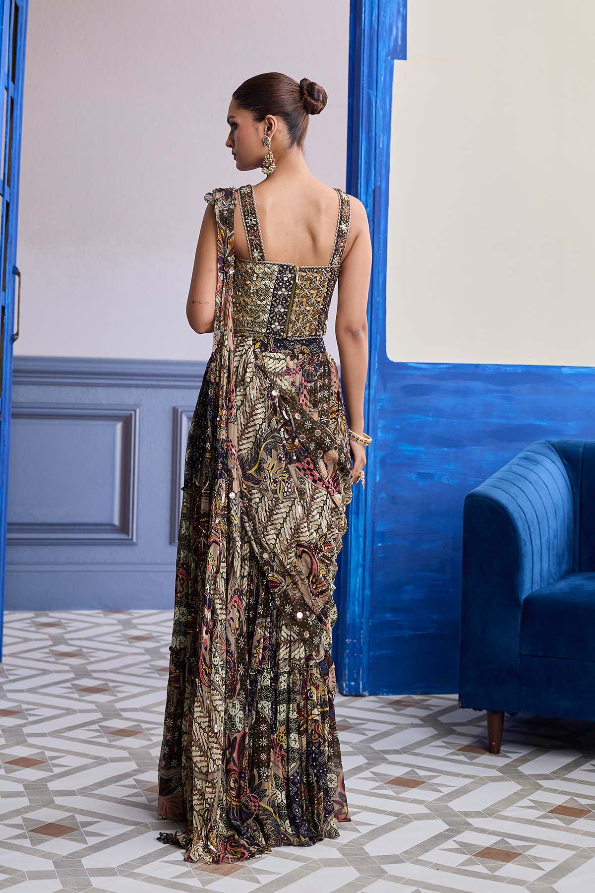 OLIVE PRINT CORSET WITH DRAPE TIERED SKIRT SAREE SET