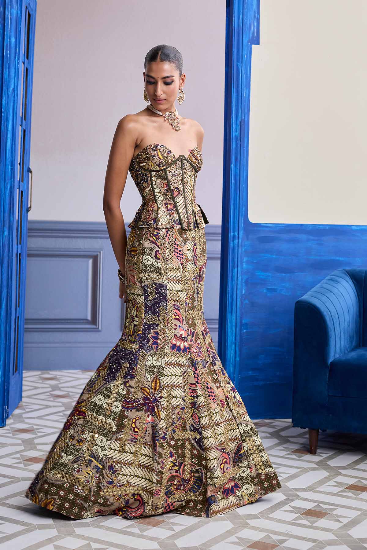OLIVE PRINT CORSET WITH HIGHLIGHTED MERMAID SKIRT SET