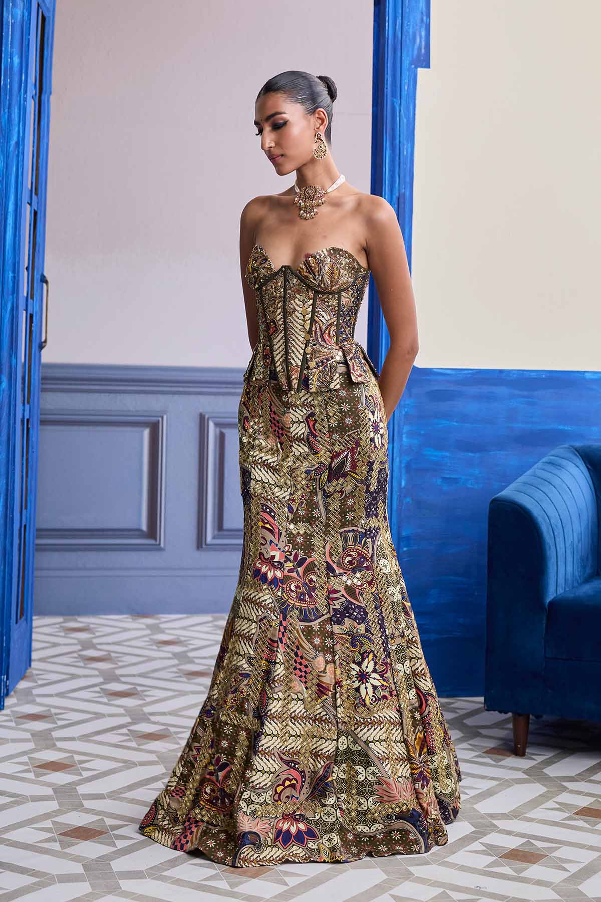 OLIVE PRINT CORSET WITH HIGHLIGHTED MERMAID SKIRT SET