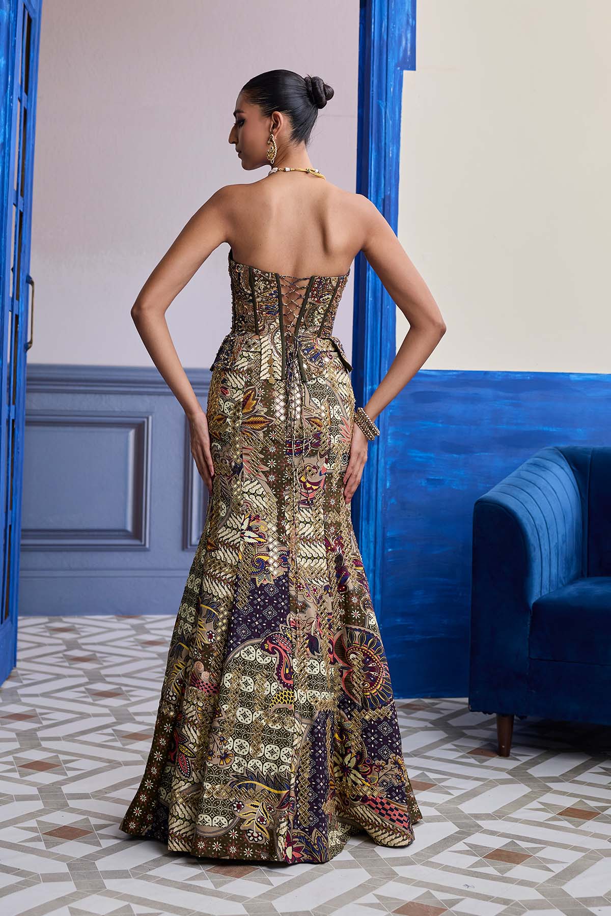 OLIVE PRINT CORSET WITH HIGHLIGHTED MERMAID SKIRT SET