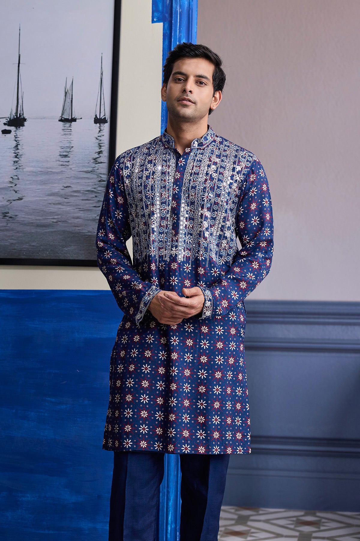 DARK BLUE PRINT HILIGHTED KURTA WITH SOLID PANTS