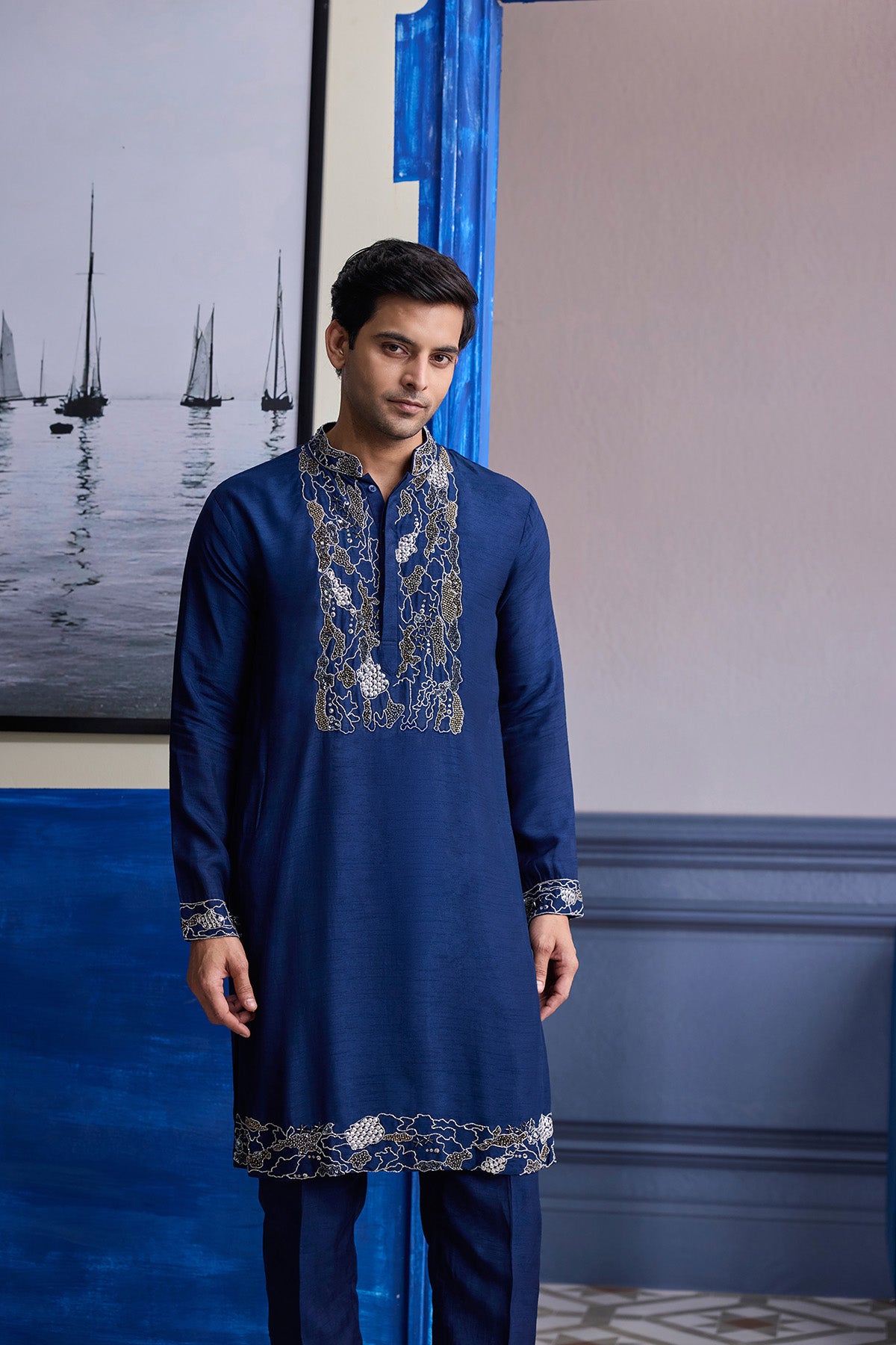 DARK BLUE ABSTRACT EMBOIDERED KURTA WITH SOLID PANTS