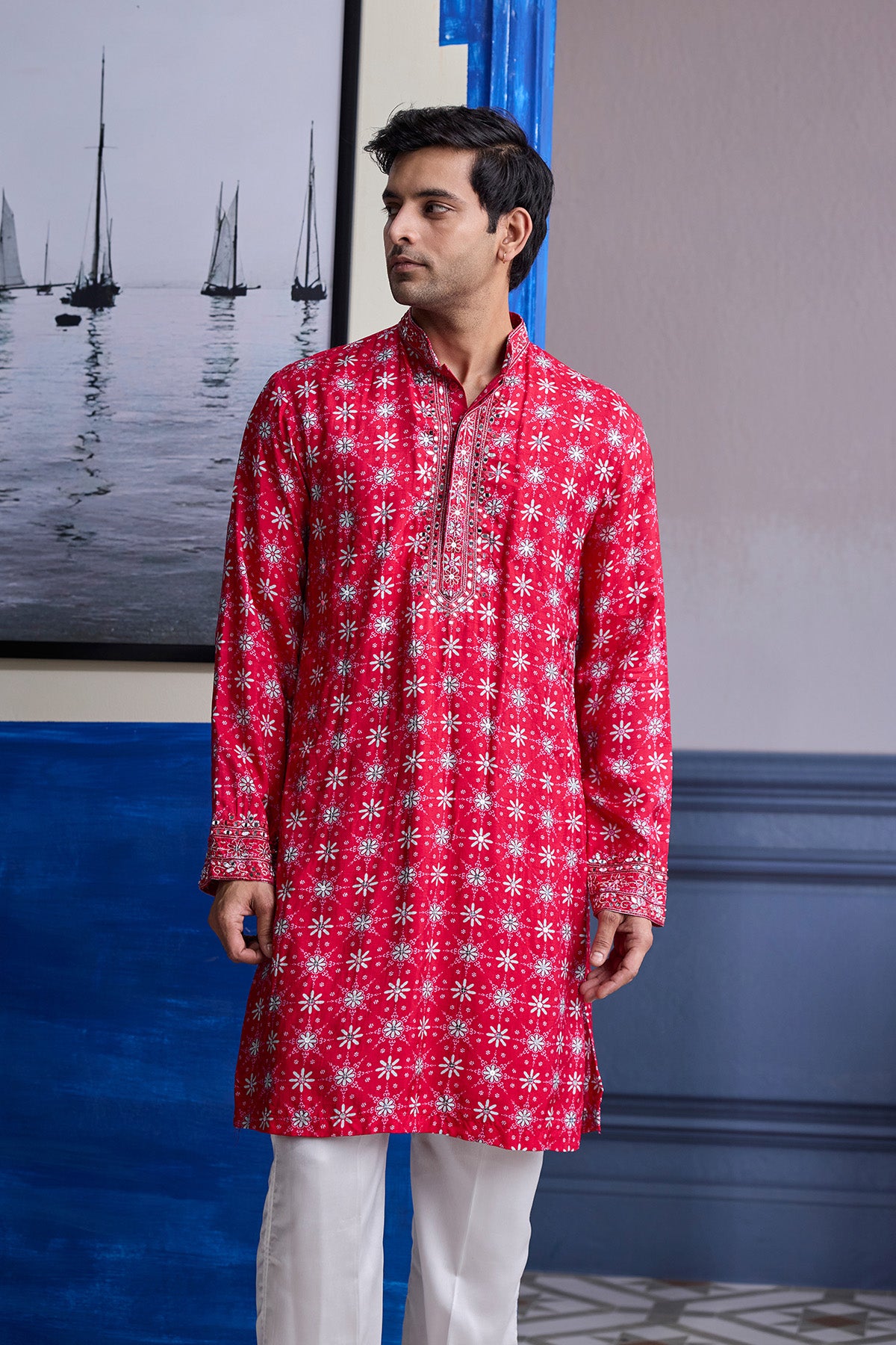 RED  BUTTA PRINT HIGHLIGHTED KURTA WITH  IVORY PANTS
