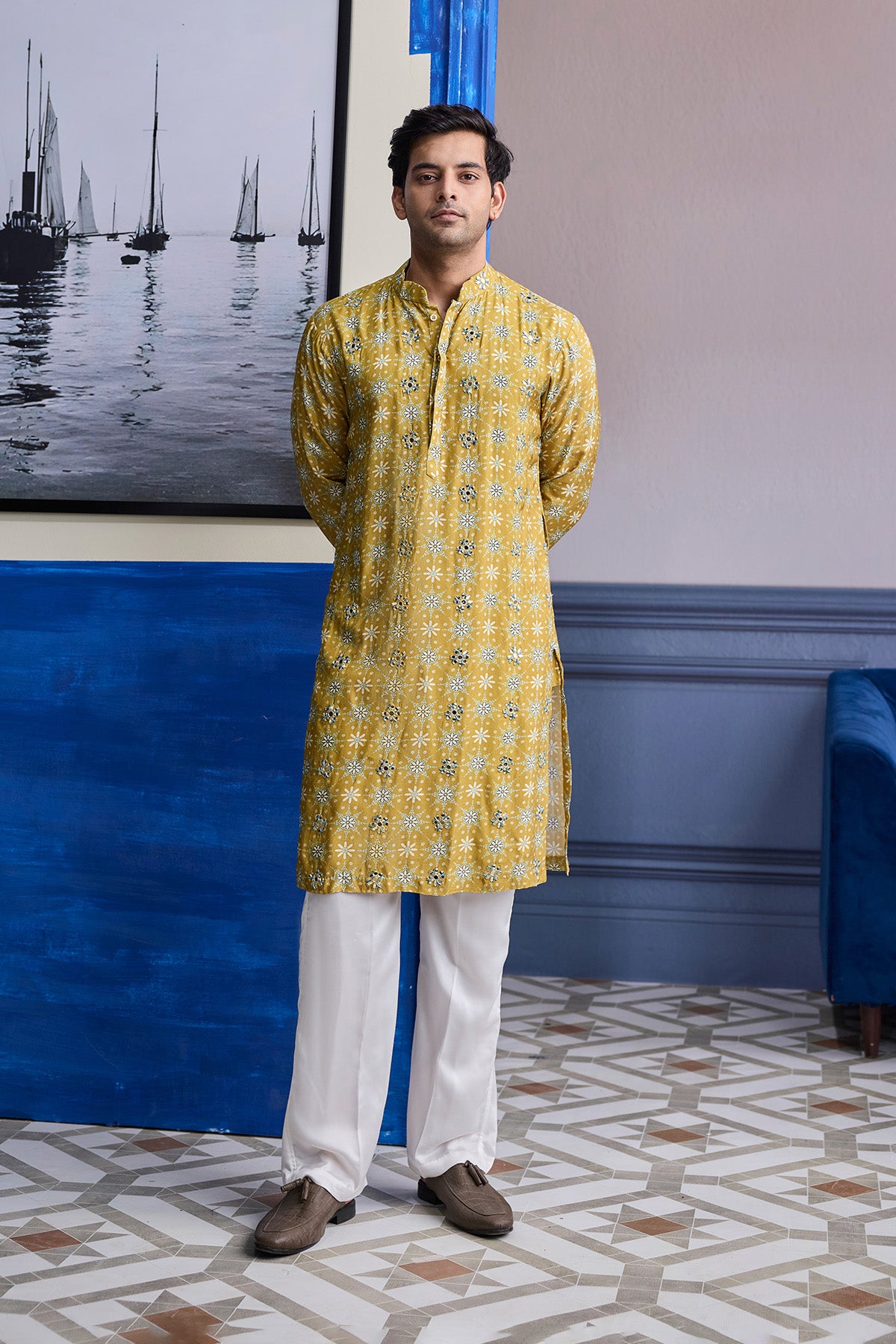 YELLOW BUTTA PRINT HIGHLIGHTED KURTA WITH IVORY PANTS