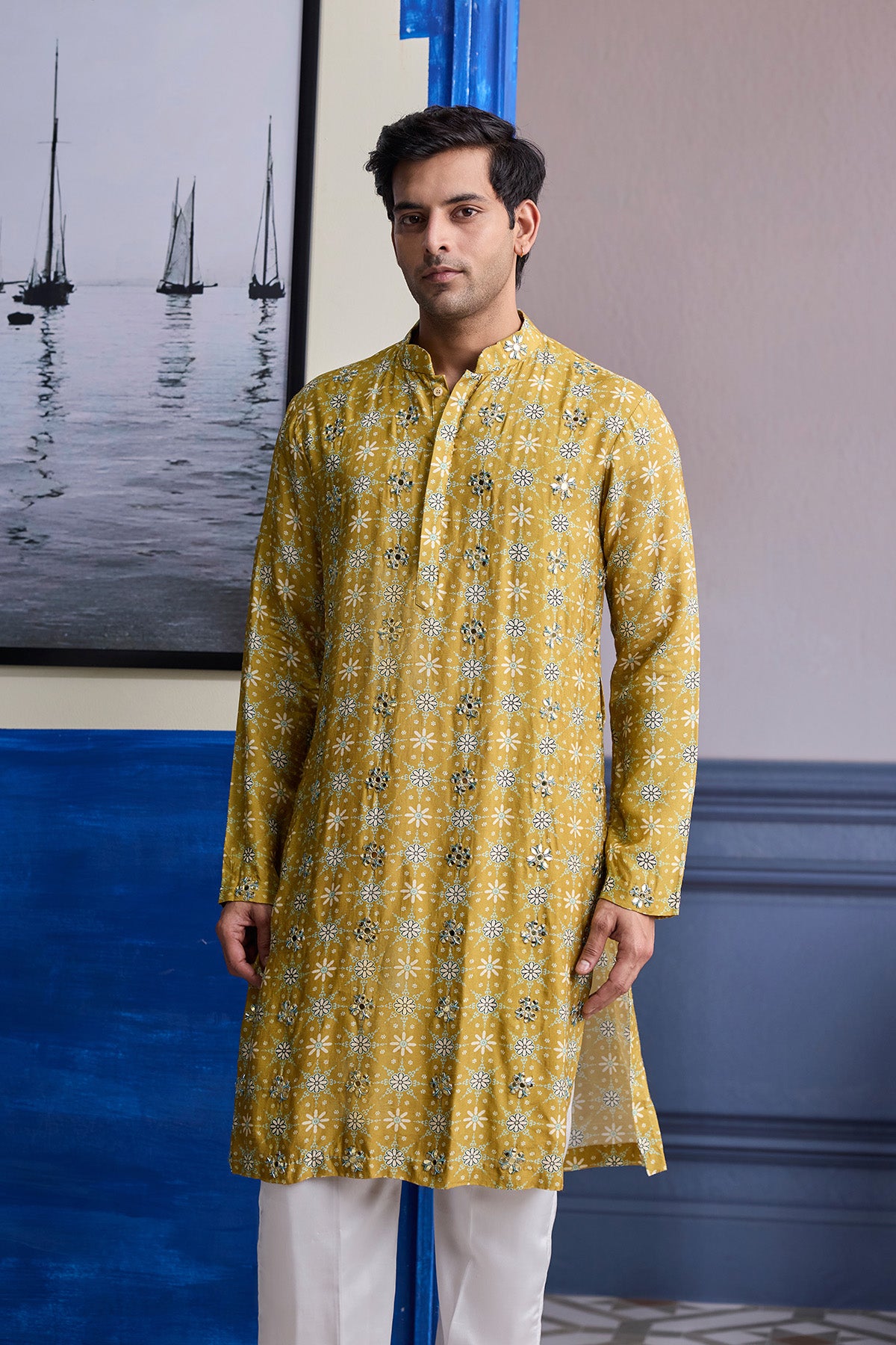 YELLOW BUTTA PRINT HIGHLIGHTED KURTA WITH IVORY PANTS
