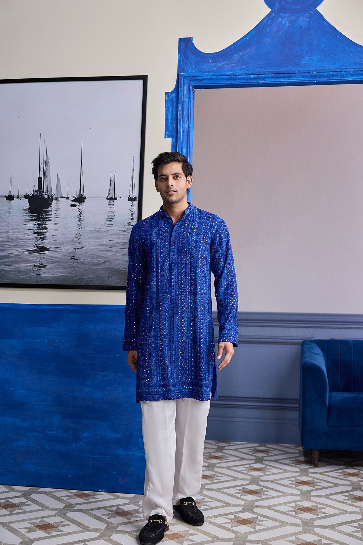 ELECTRIC BLUE MIRROR EMBROIDERY & THREAD WORK  KURTA WITH PANTS
