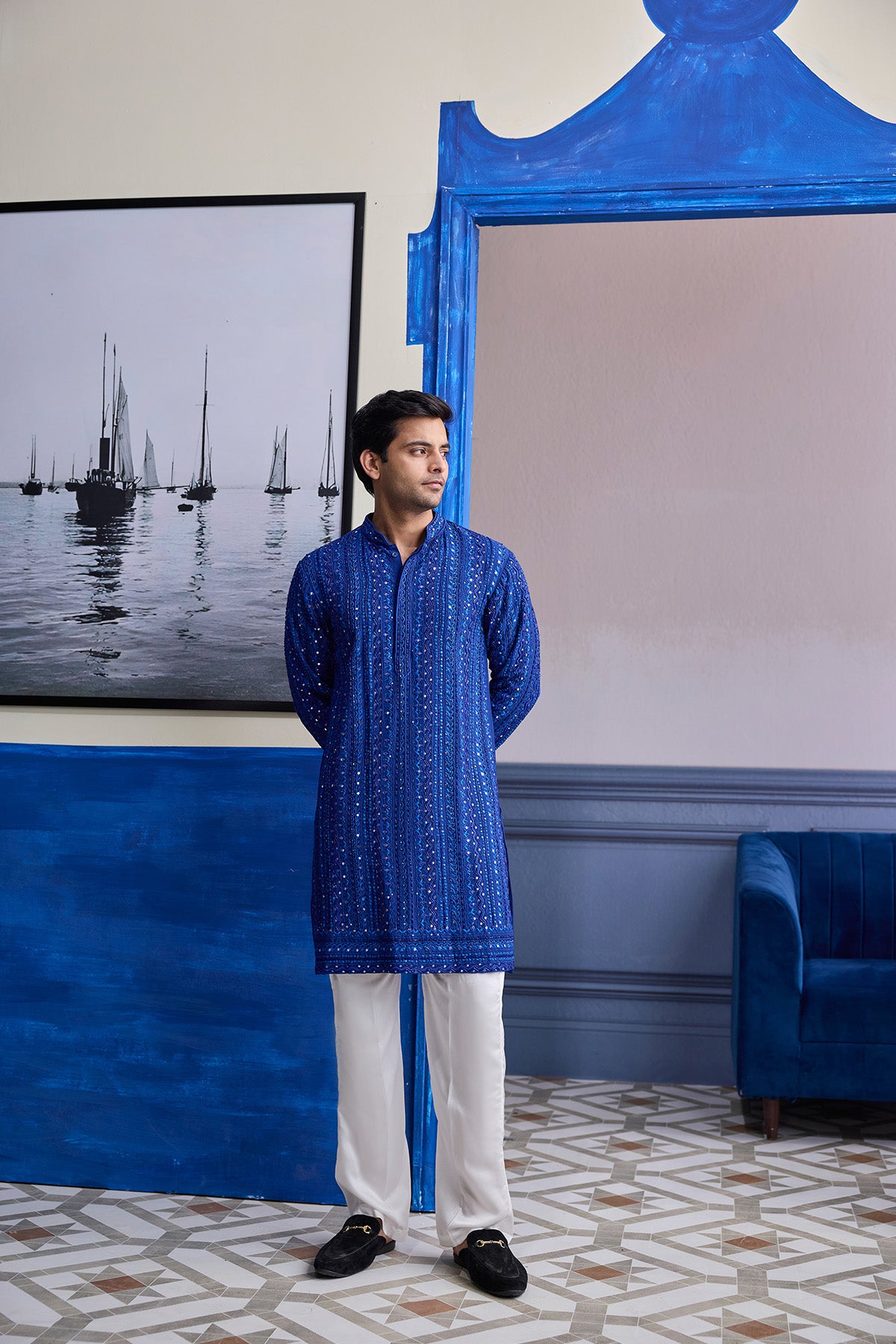 ELECTRIC BLUE MIRROR EMBROIDERY & THREAD WORK  KURTA WITH PANTS