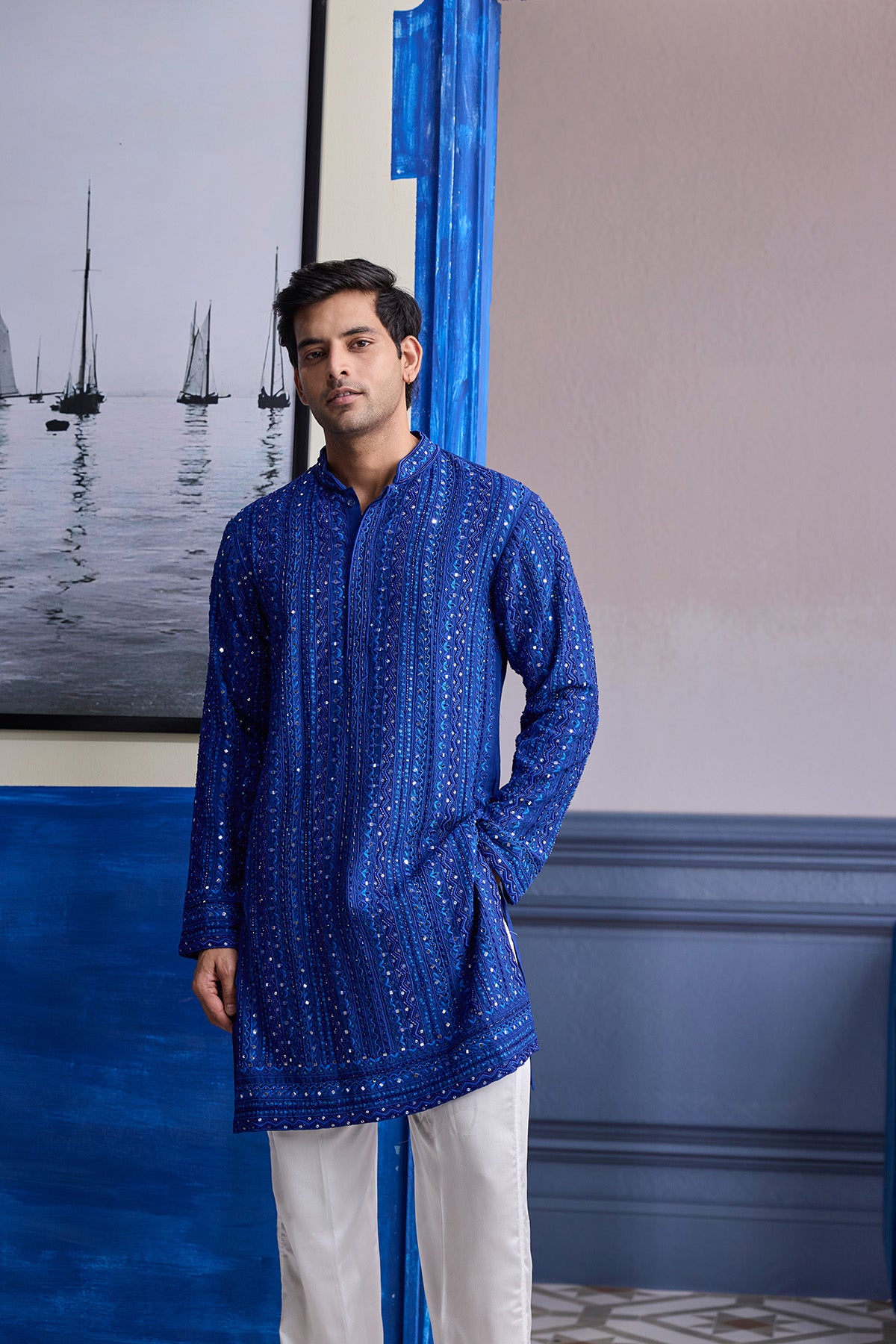 ELECTRIC BLUE MIRROR EMBROIDERY & THREAD WORK  KURTA WITH PANTS