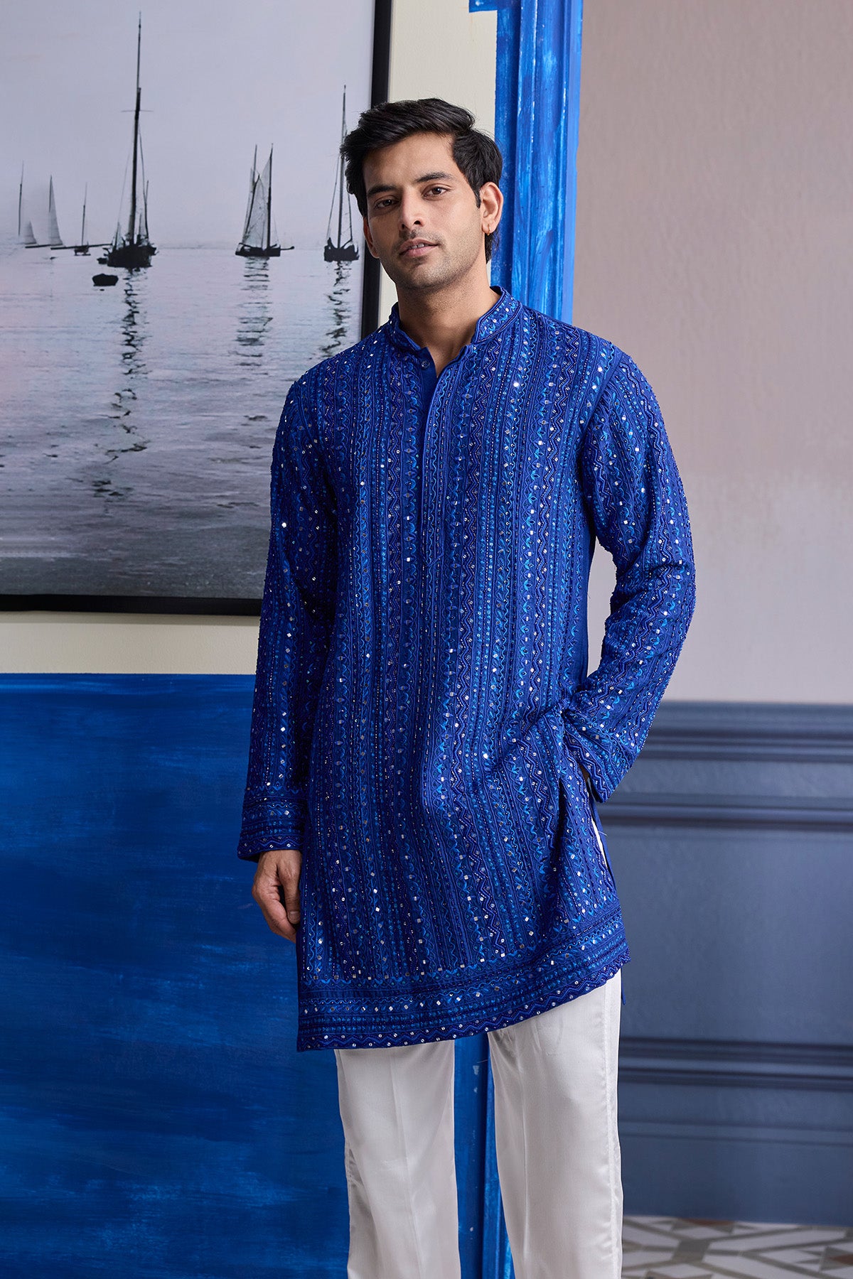 ELECTRIC BLUE MIRROR EMBROIDERY & THREAD WORK  KURTA WITH PANTS