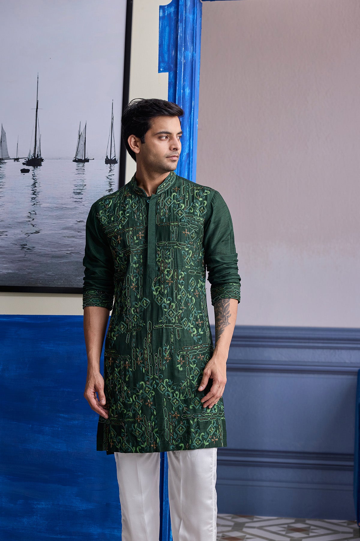 BOTTLE GREEN THREAD WORK EMBROIDERED KURTA WITH IVORY PANTS