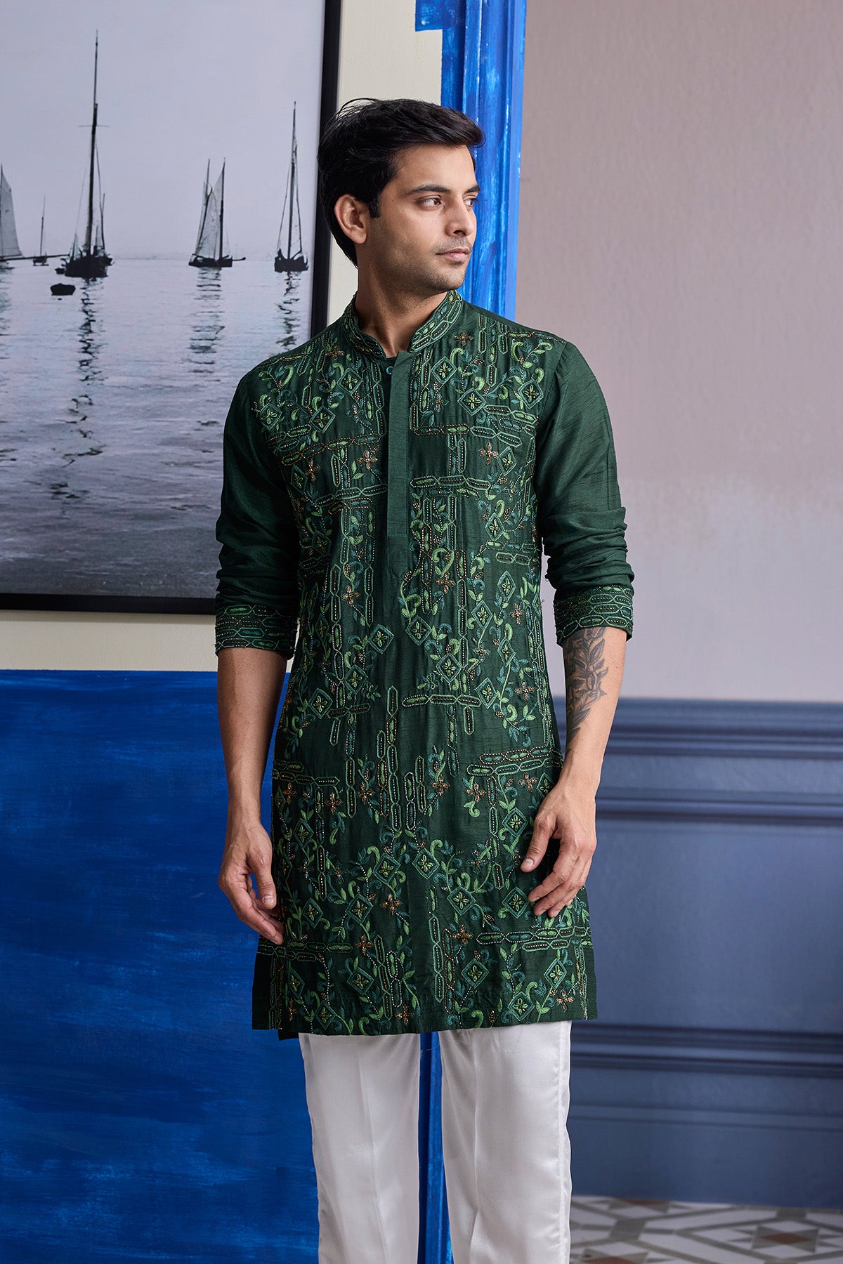 BOTTLE GREEN THREAD WORK EMBROIDERED KURTA WITH IVORY PANTS