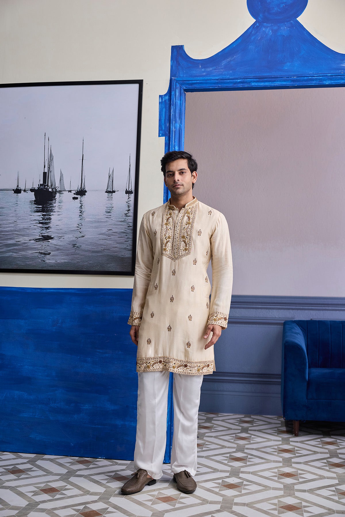 IVORY THREAD EMBROIDERED YOKE KURTA WITH PANTS