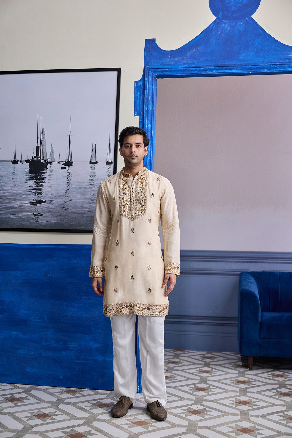 IVORY THREAD EMBROIDERED YOKE KURTA WITH PANTS