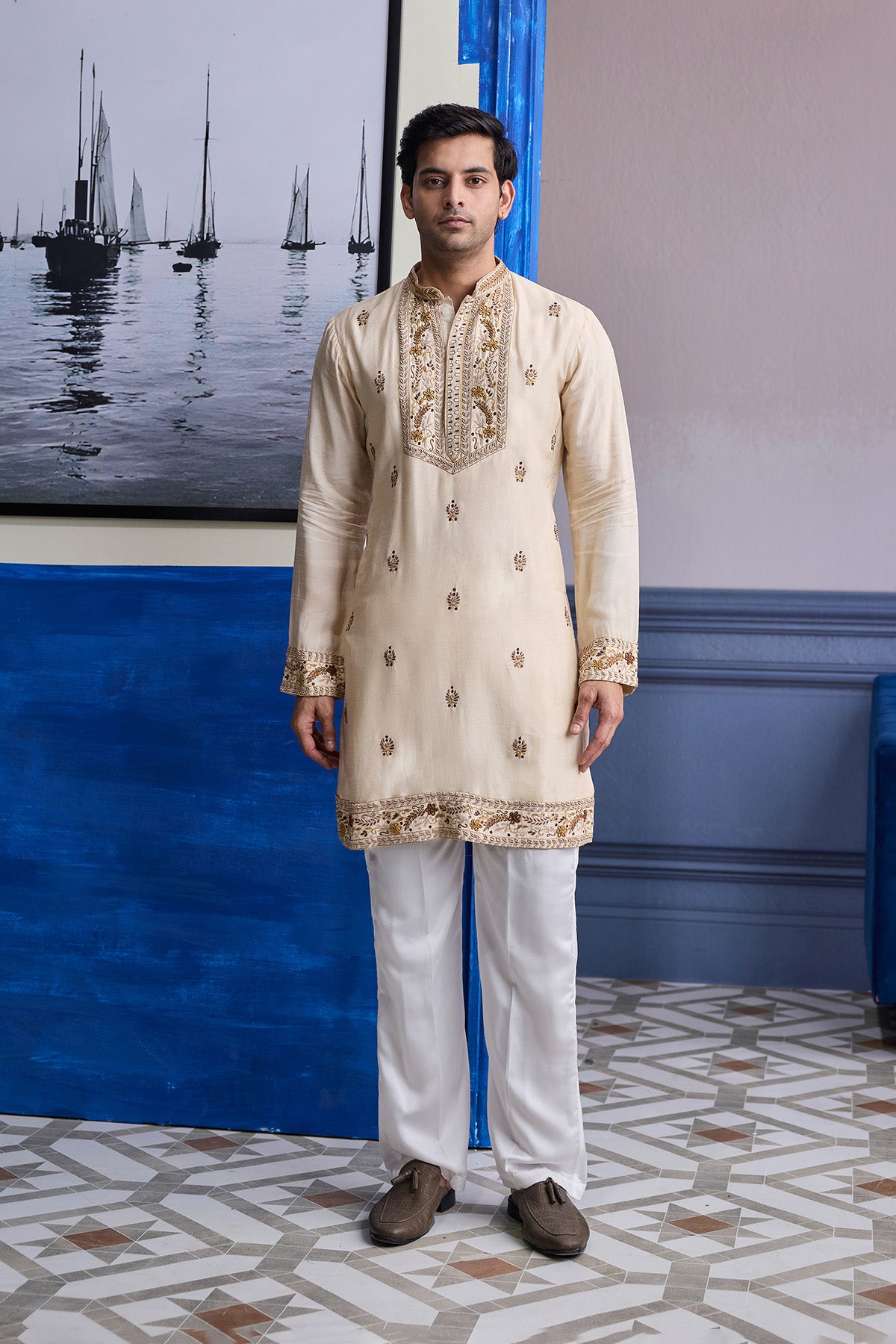 IVORY THREAD EMBROIDERED YOKE KURTA WITH PANTS
