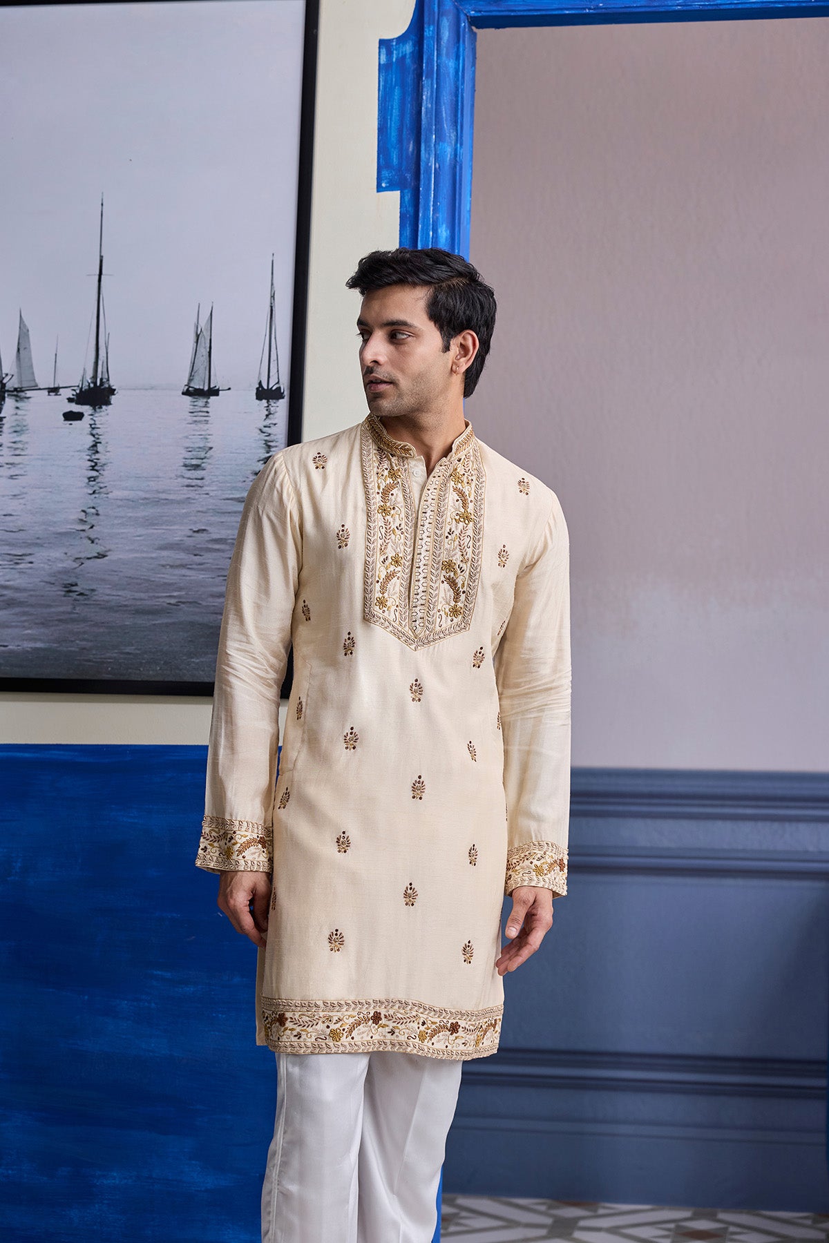 IVORY THREAD EMBROIDERED YOKE KURTA WITH PANTS