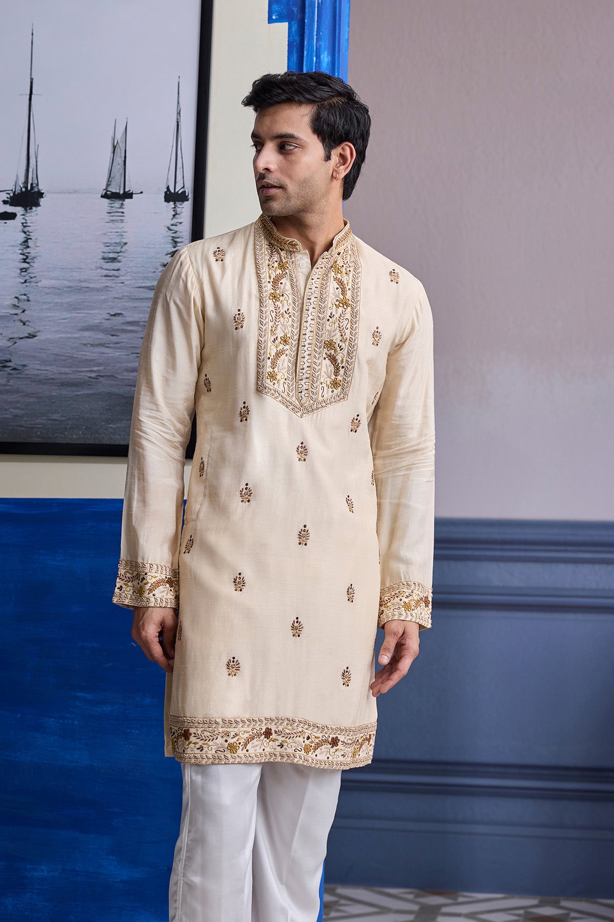 IVORY THREAD EMBROIDERED YOKE KURTA WITH PANTS