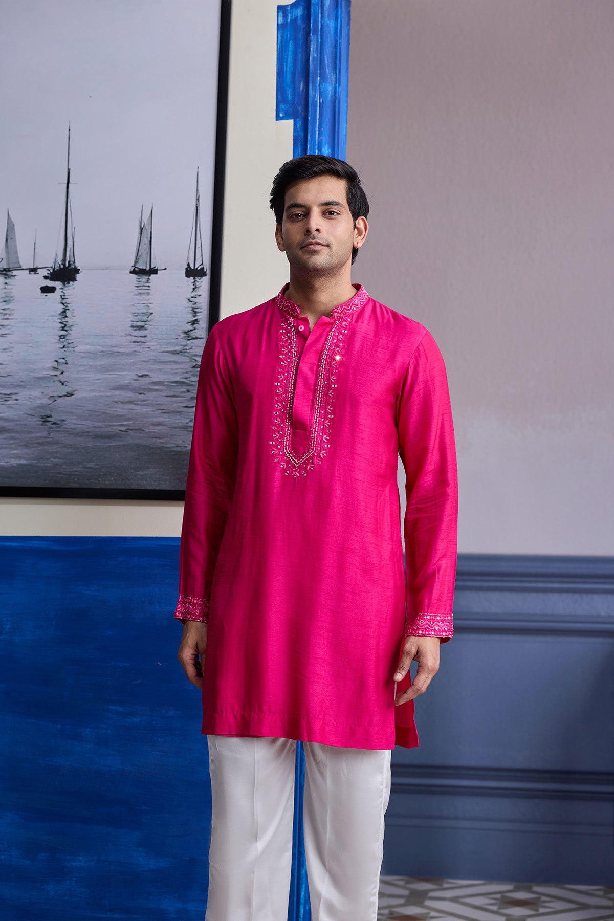FUSCHIA PINK MIRROR EMBROIDERED & THREAD WORK KURTA WITH PANTS