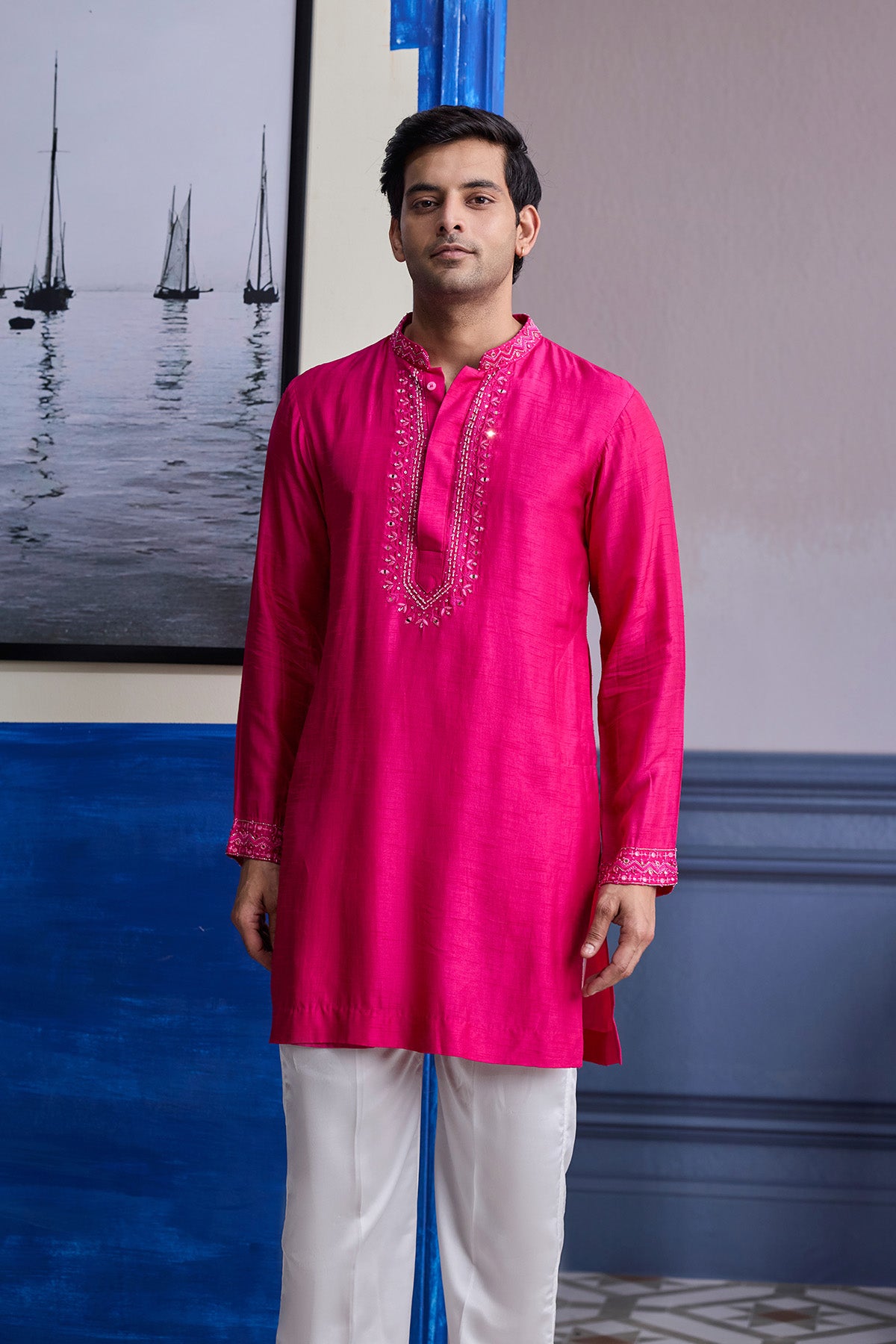 FUSCHIA PINK MIRROR EMBROIDERED & THREAD WORK BANDHGLA JACKET WITH KURTA & PANTS