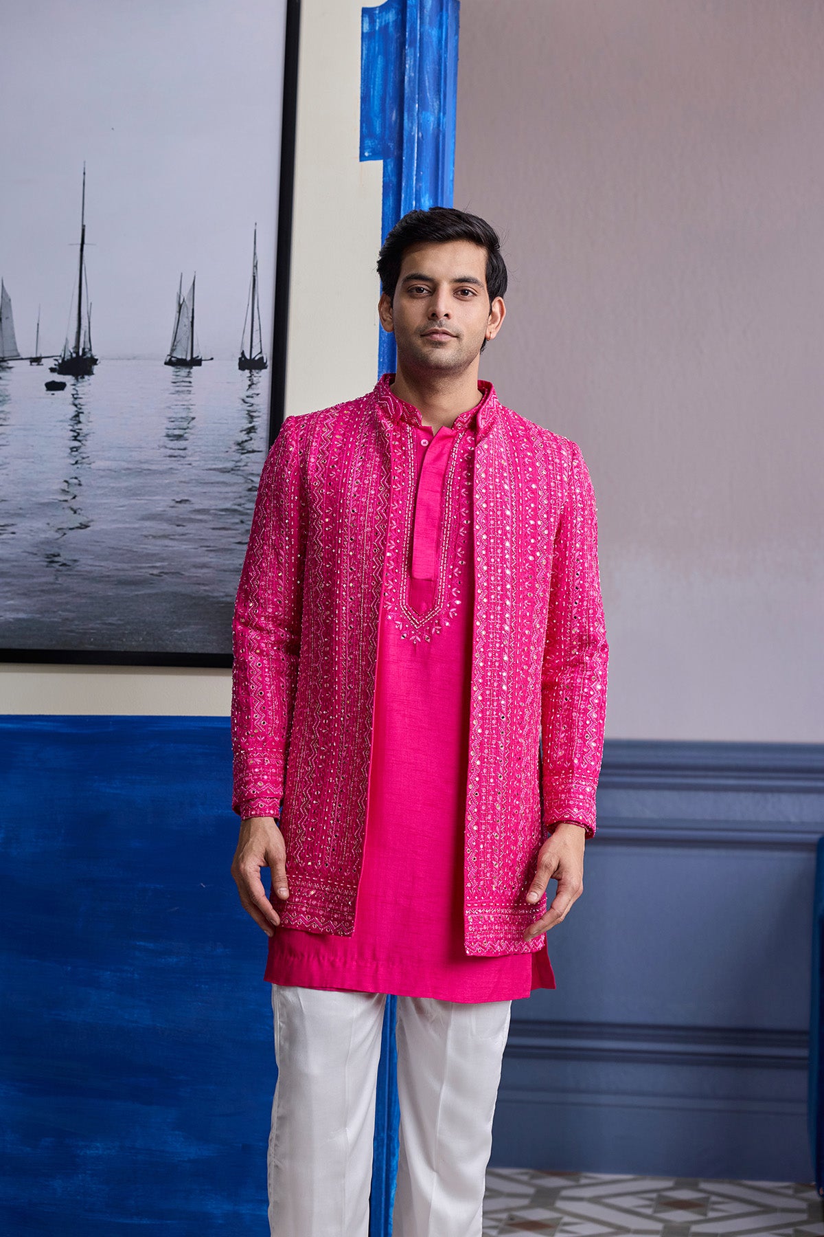 FUSCHIA PINK MIRROR EMBROIDERED & THREAD WORK BANDHGLA JACKET WITH KURTA & PANTS