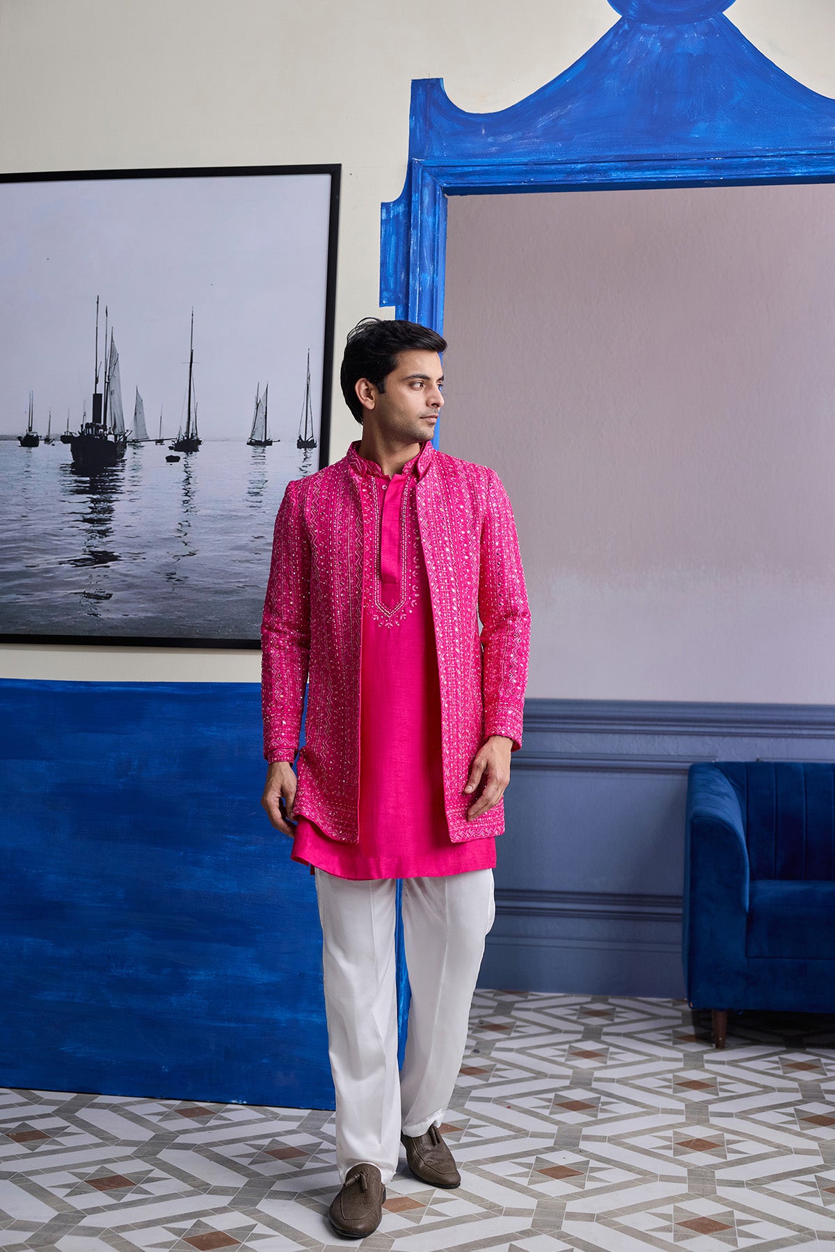 FUSCHIA PINK MIRROR EMBROIDERED & THREAD WORK BANDHGLA JACKET WITH KURTA & PANTS