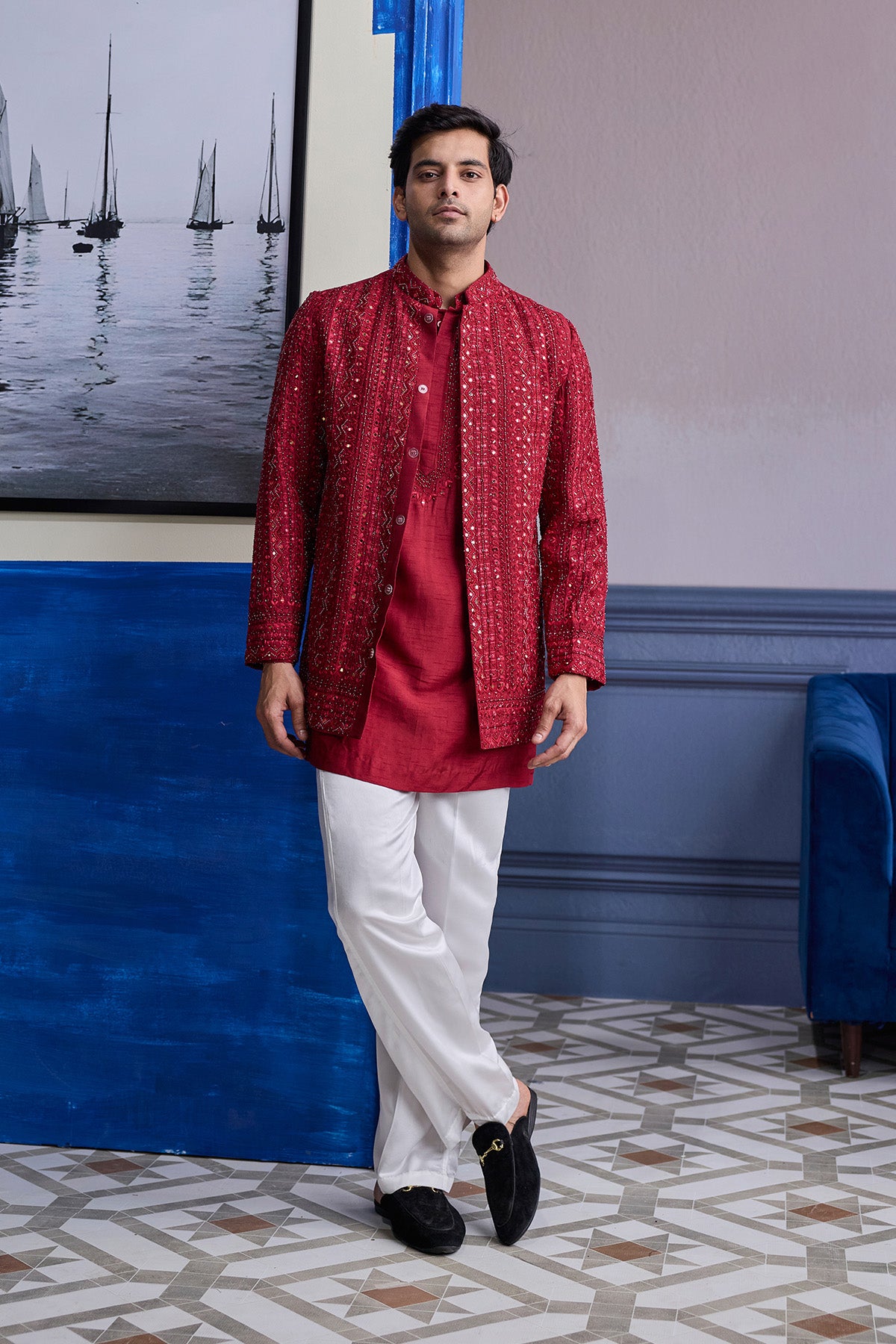MAROON MIRROR EMBROIDERED & THREAD WORK BANDHGLA JACKET WITH KURTA & PANTS