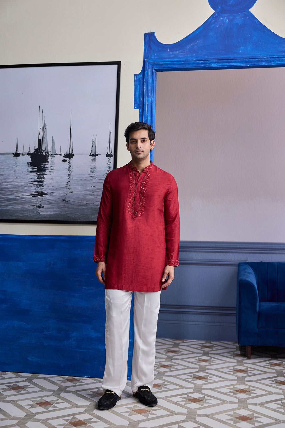 MAROON MIRROR EMBROIDERED & THREAD WORK KURTA WITH PANTS