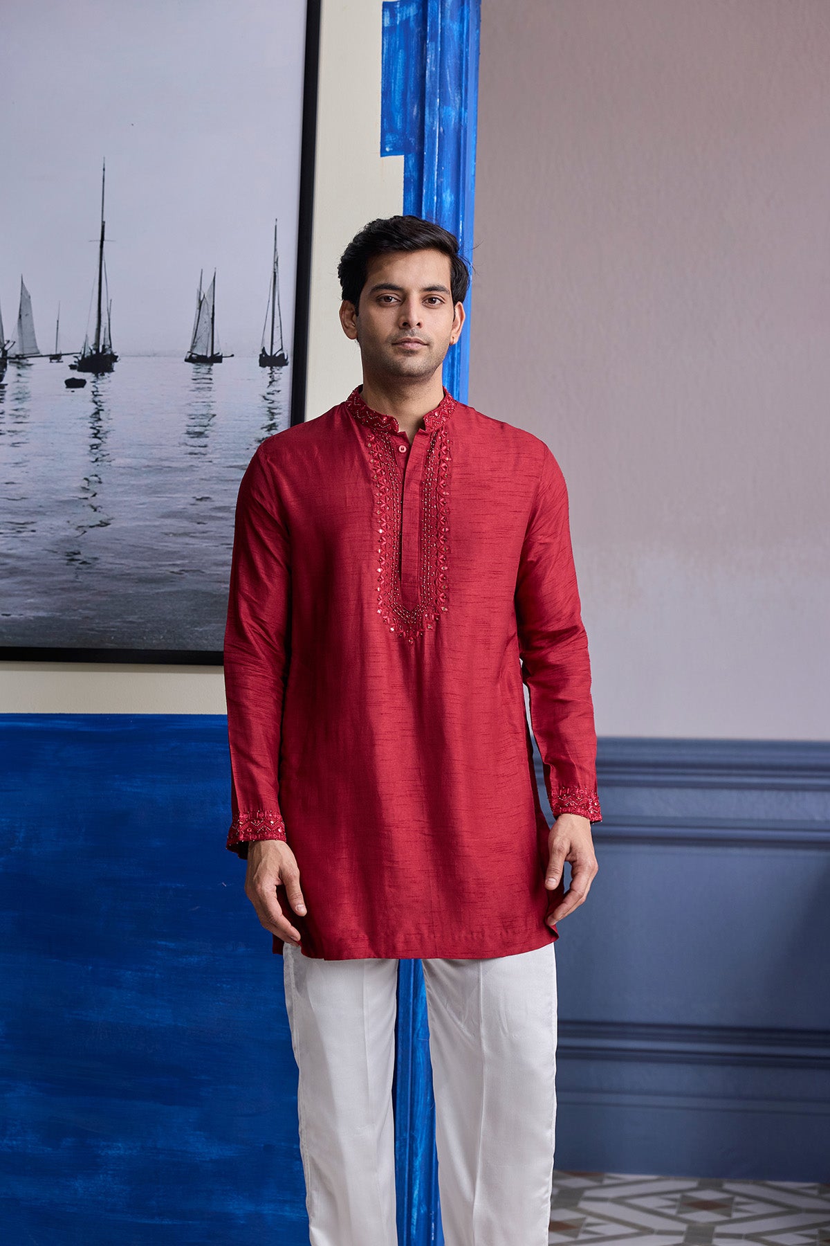 MAROON MIRROR EMBROIDERED & THREAD WORK KURTA WITH PANTS