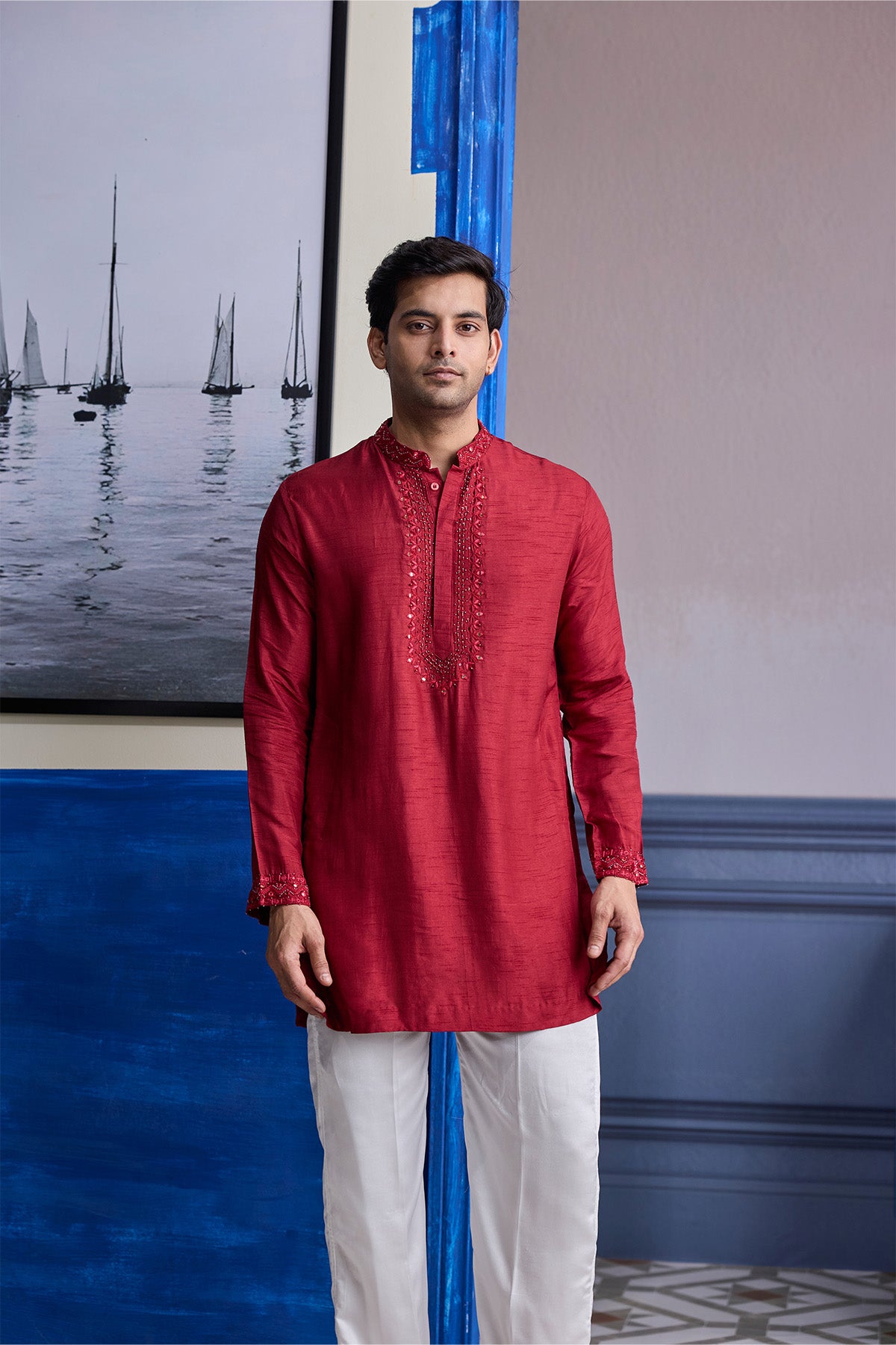 MAROON MIRROR EMBROIDERED & THREAD WORK BANDHGLA JACKET WITH KURTA & PANTS
