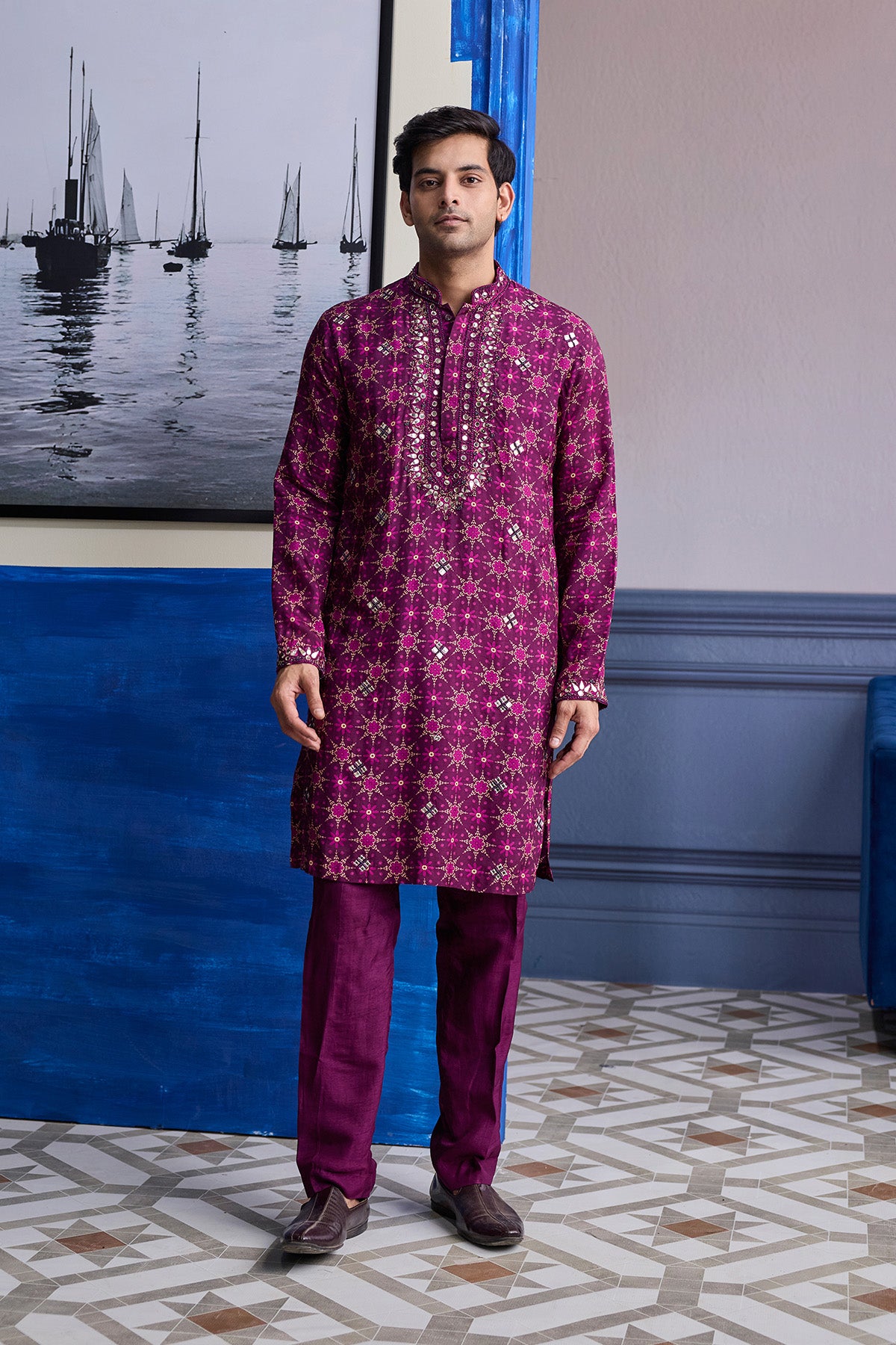 PLUM BUTTA PRINT HIGHLIGHTED KURTA WITH SOLID PANTS
