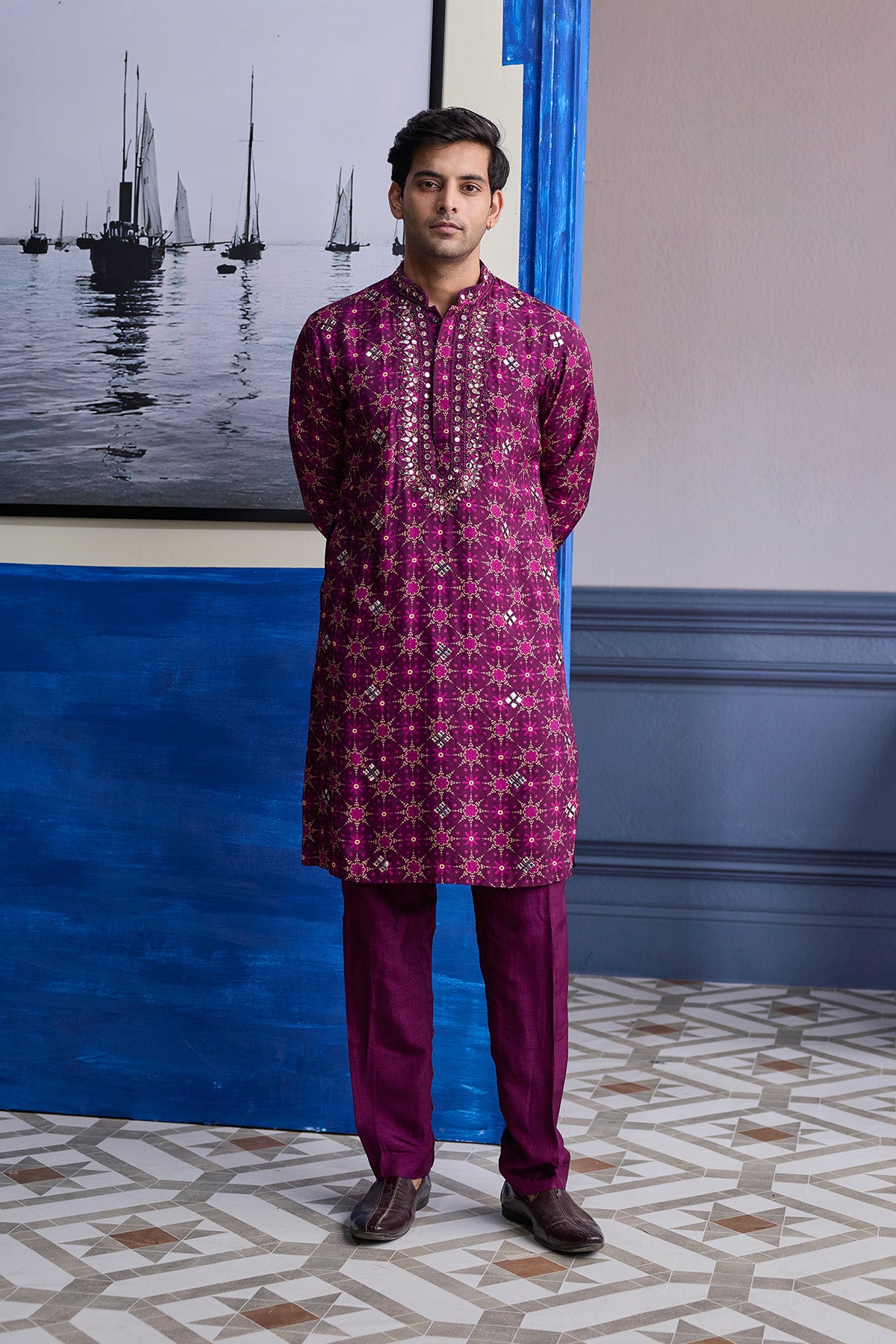 PLUM BUTTA PRINT HIGHLIGHTED KURTA WITH SOLID PANTS