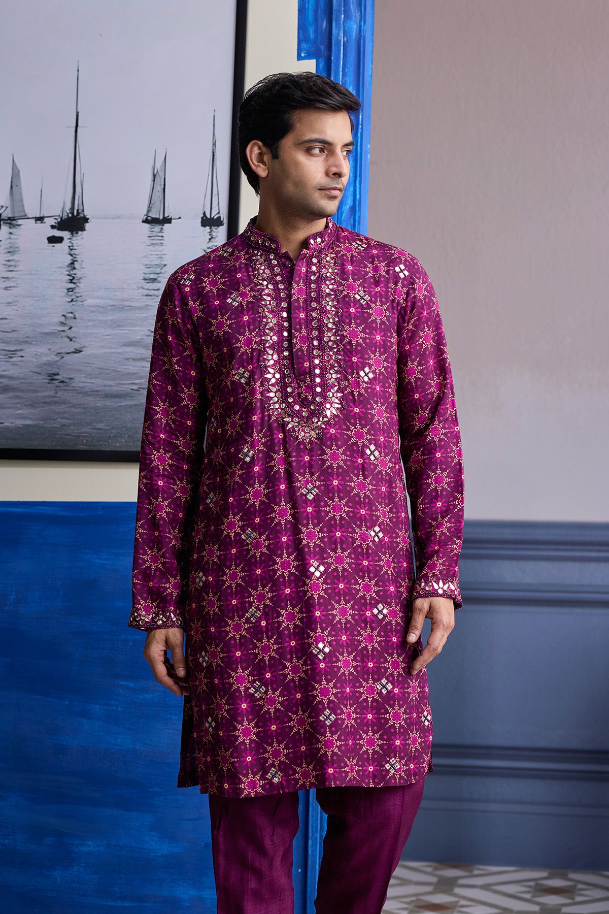 PLUM BUTTA PRINT HIGHLIGHTED KURTA WITH SOLID PANTS